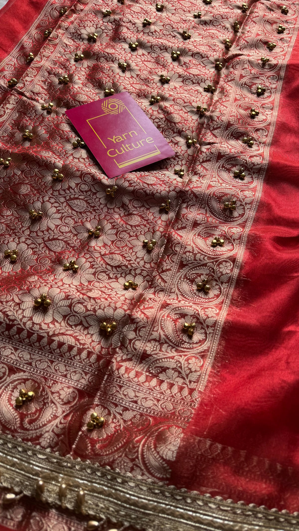 Red gold tissue Banarasi saree with ghungroo embellishments and beaded lace zari border - YCBLTOC69