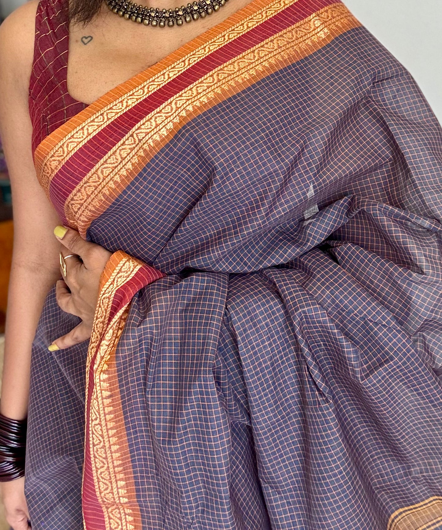 Dark grey Chettinad cotton saree with yellow mini checks - YCCOTNCCFE143