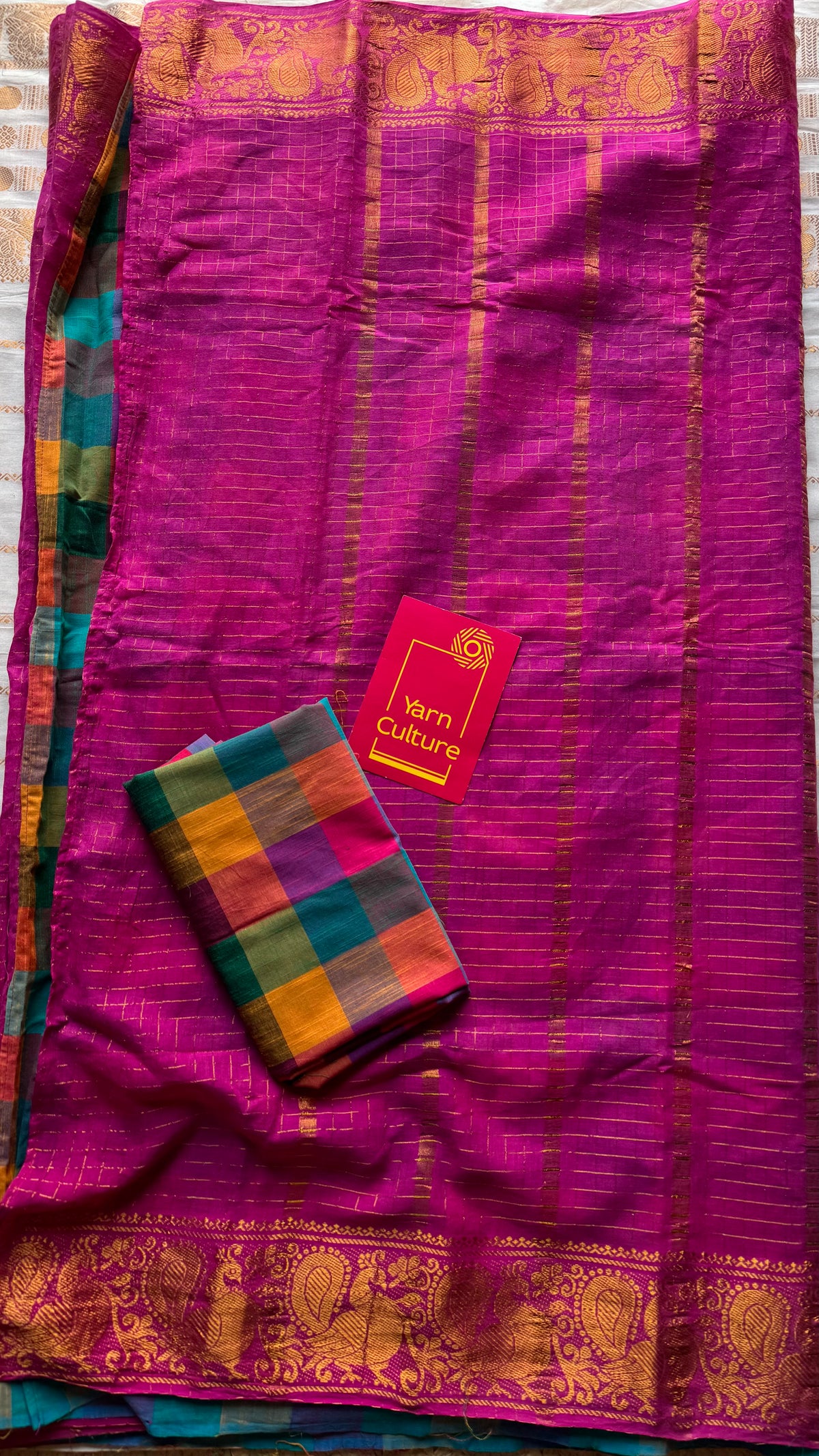 Light magenta with multicoloured madras checks, cotton half and half saree - YCCOTNIDOC159