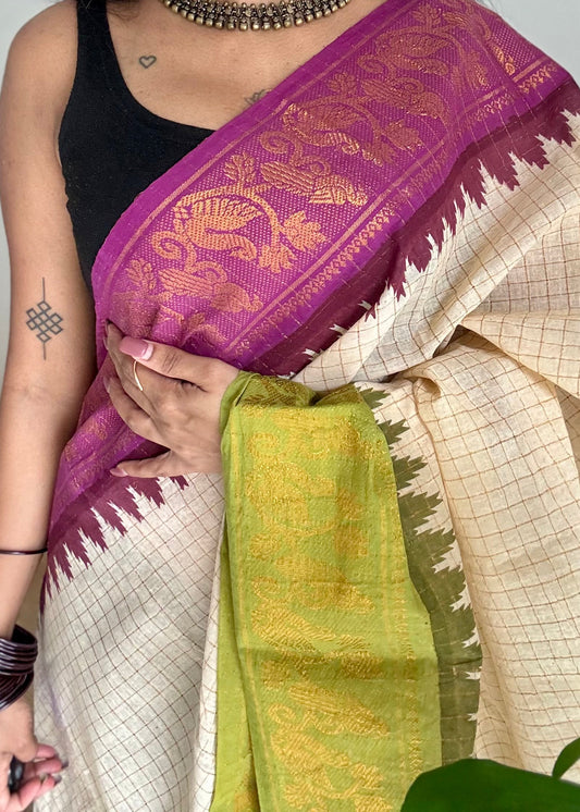 Sungudi cotton checks, ivory gold base, magenta and lime green dual tone border, soft cotton - YCCOTNMSJUL09