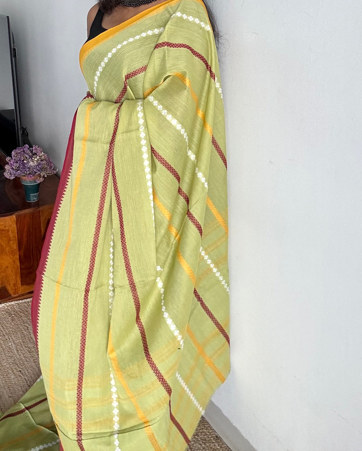 Dhonekhali handloom soft cotton saree, light green with maroon, yellow and white woven stripes - YCBCDFE264