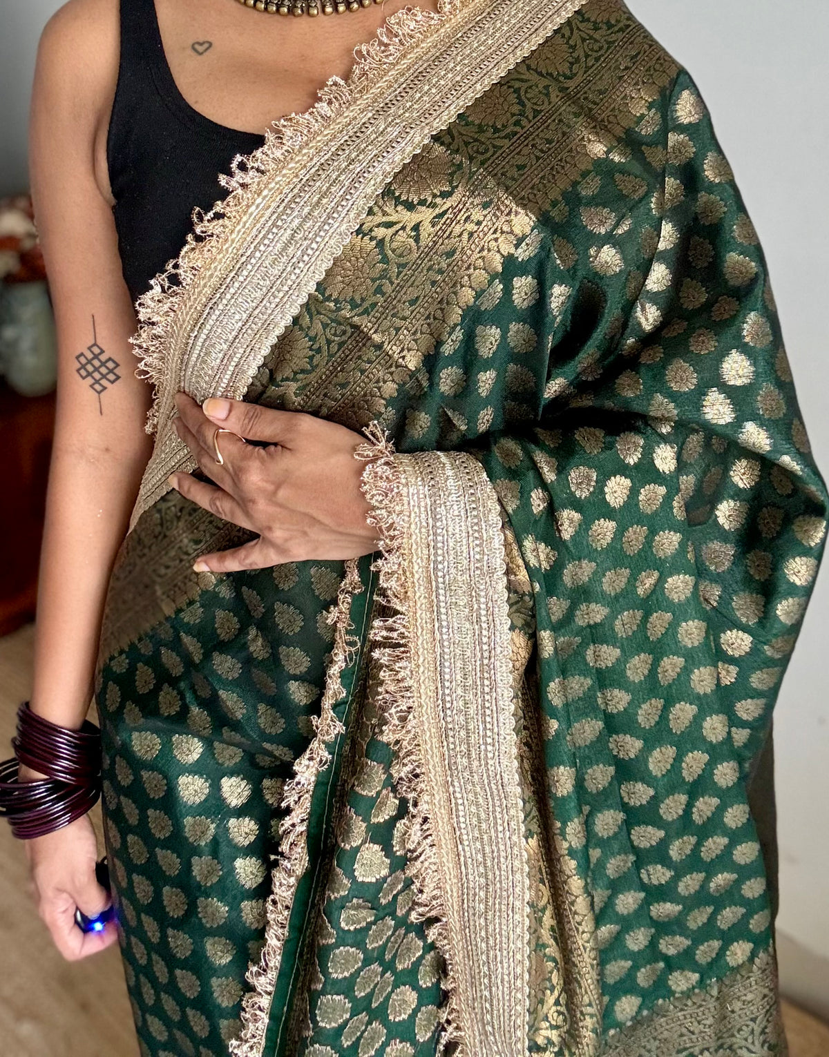 Dark green Banarasi semi-georgette saree with embellished lace border - YCBLTOC75