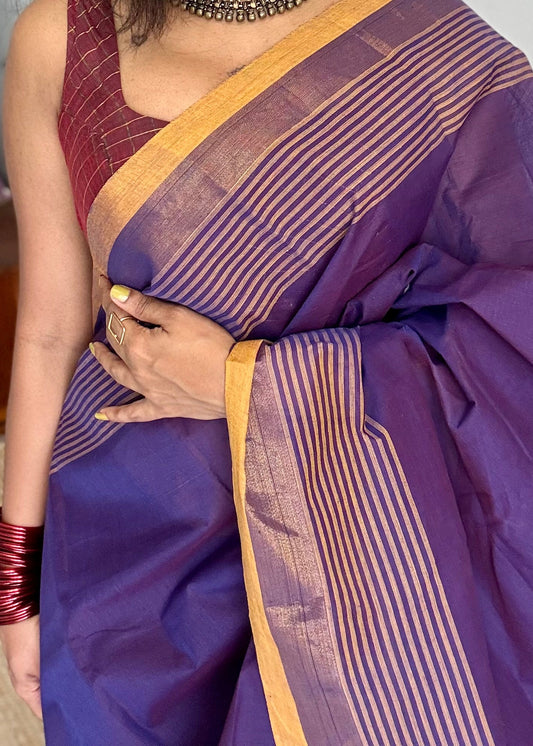 Chettinad cotton saree with zari border, lightweight breathable handloom cotton saree for summer and everyday wear, violet and yellow saree