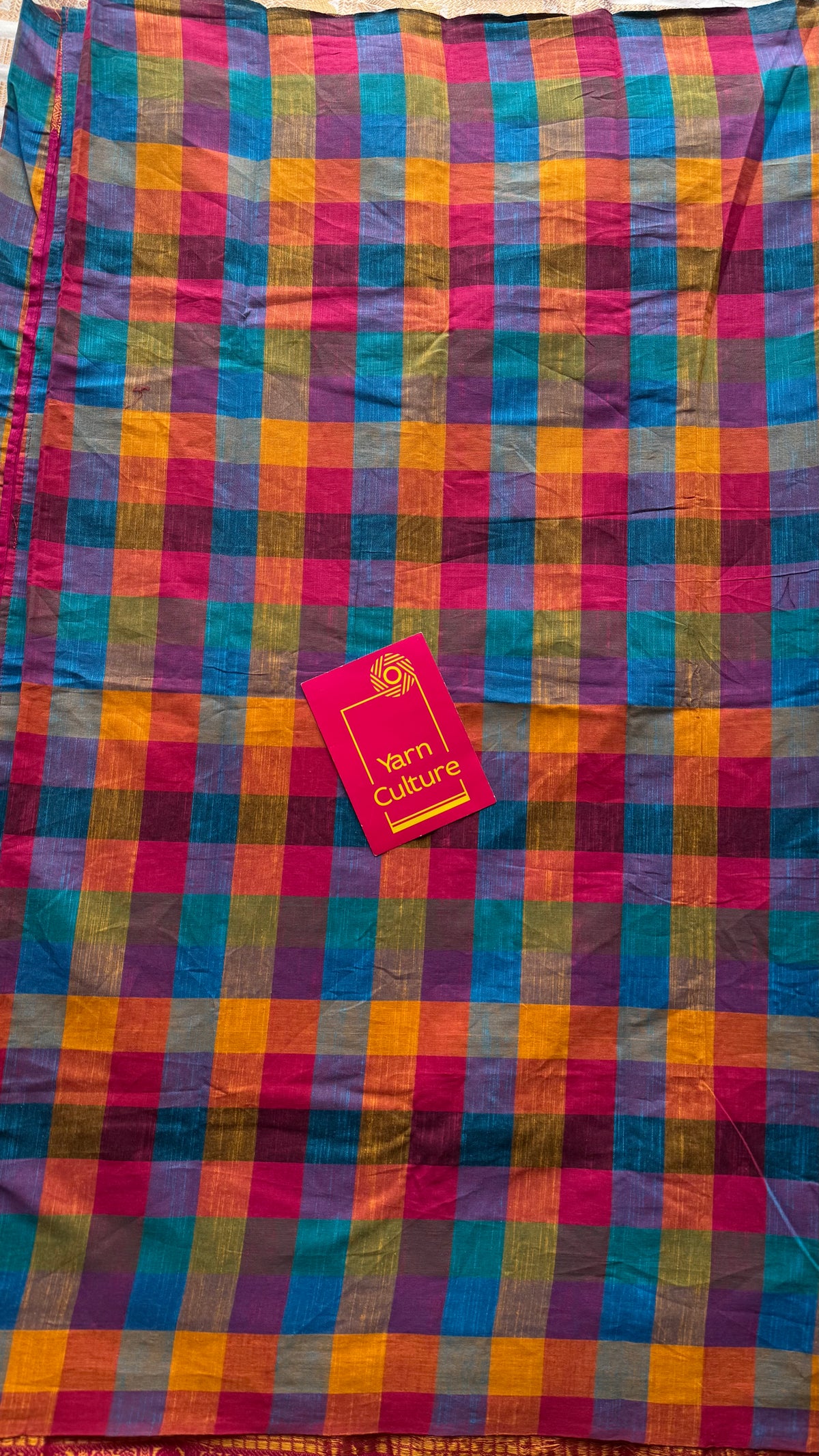 Hot pink with multicoloured madras checks, cotton half and half saree - YCCOTNIDOC163