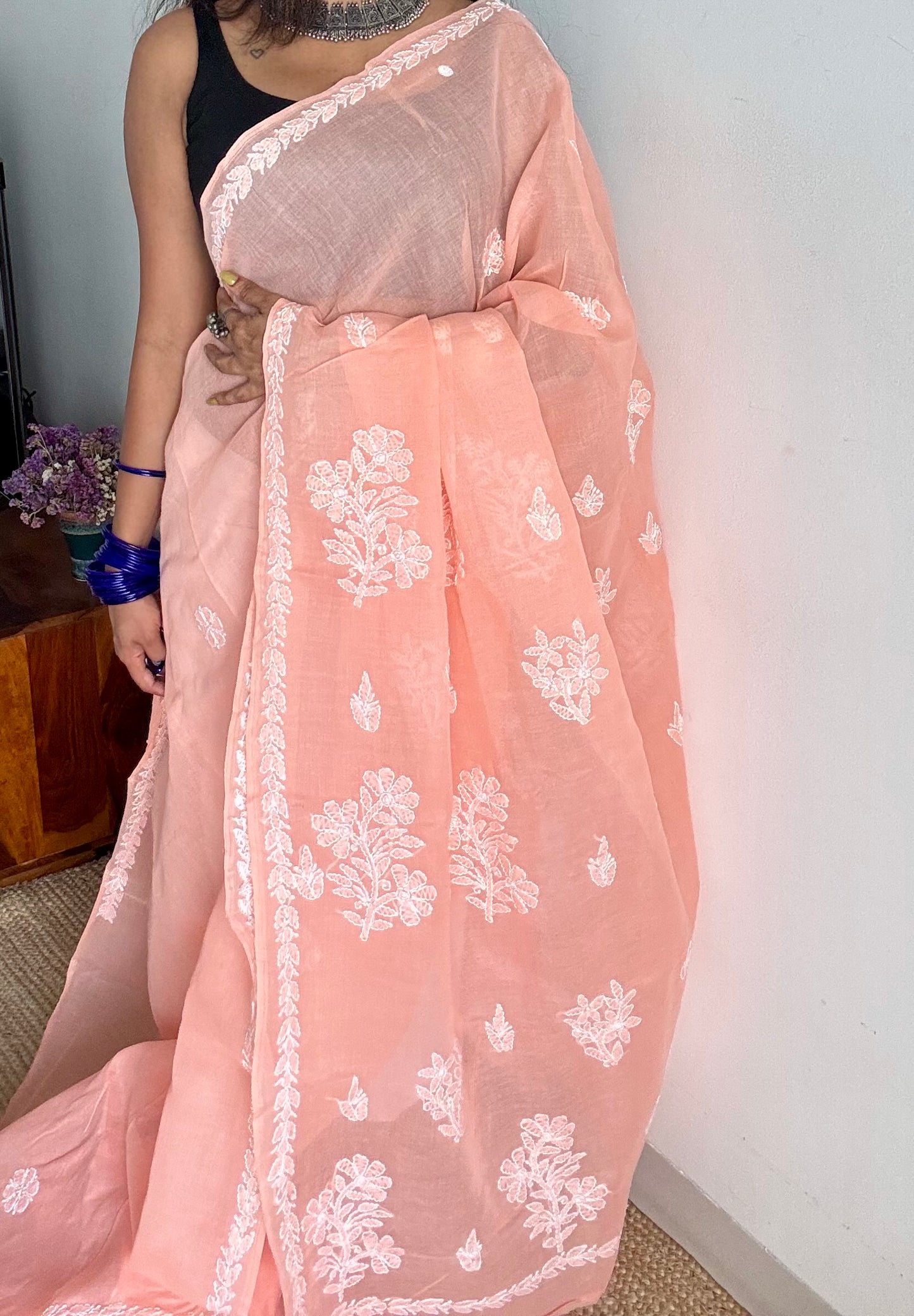 Sukun - musk, light peach hand-embroidered chikankari cotton saree - YCLCKFE425