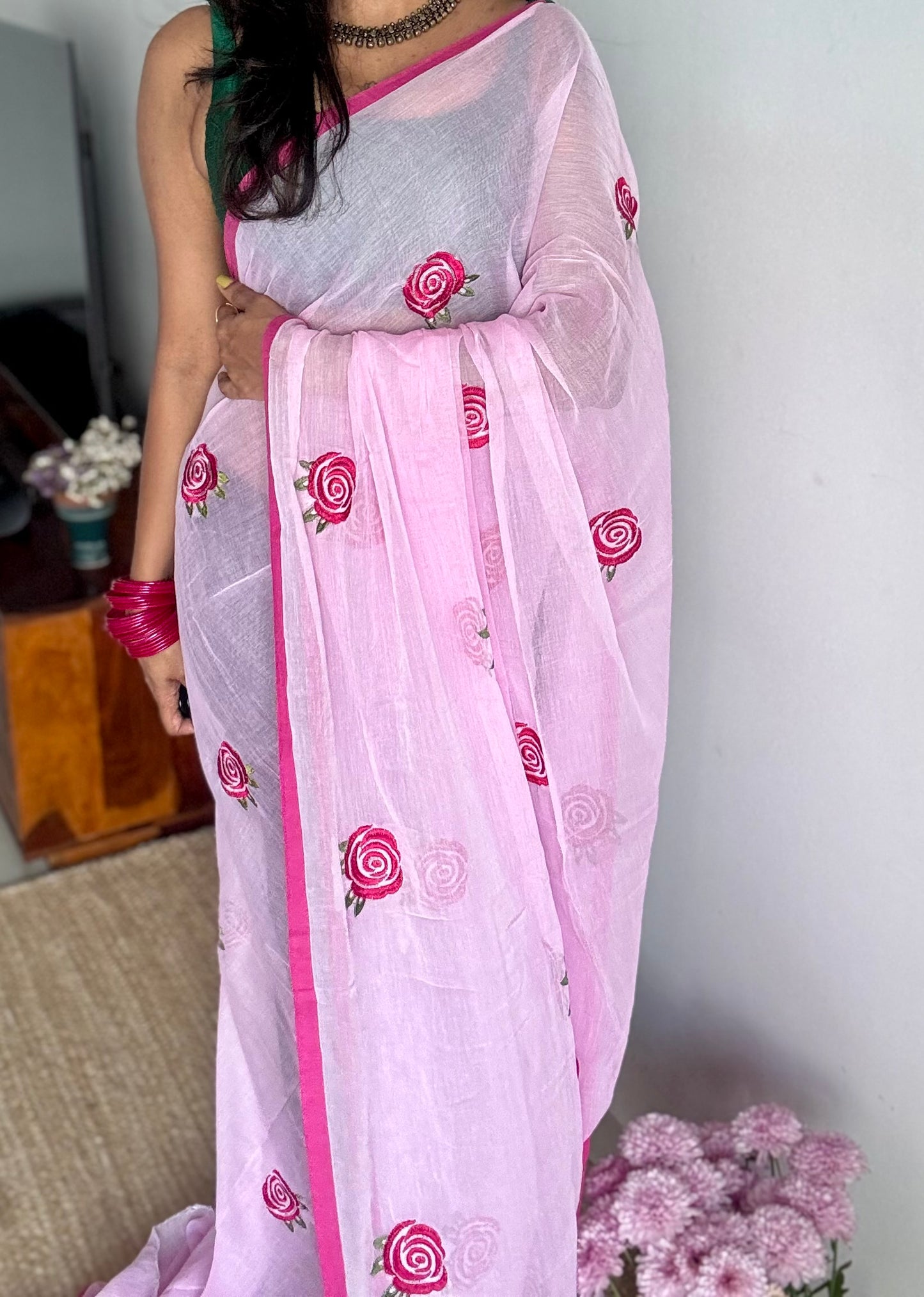 Pink mul with dark pink rose thread embroidery - YCBCMCNO73