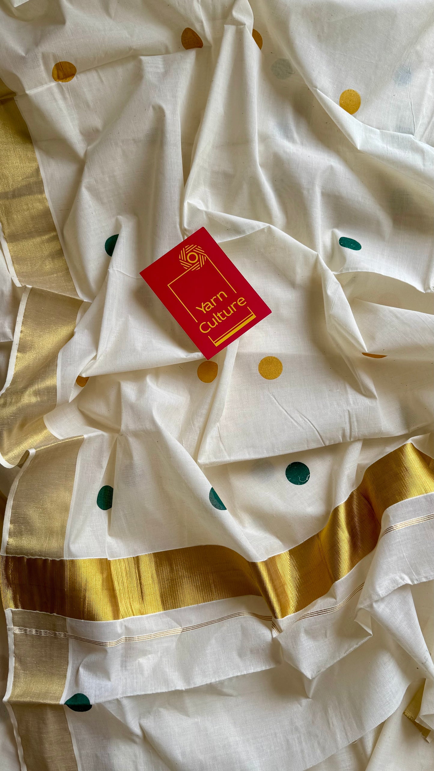 Ivory and gold soft cotton kasavu saree, dark green and yellow polka - YCIEON71