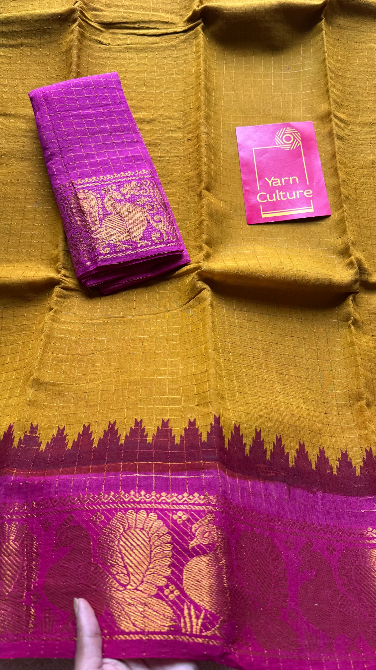 Sungudi cotton checks, mustard yellow base, blue and hot pink dual tone border, soft cotton - YCCOTNMSSE09