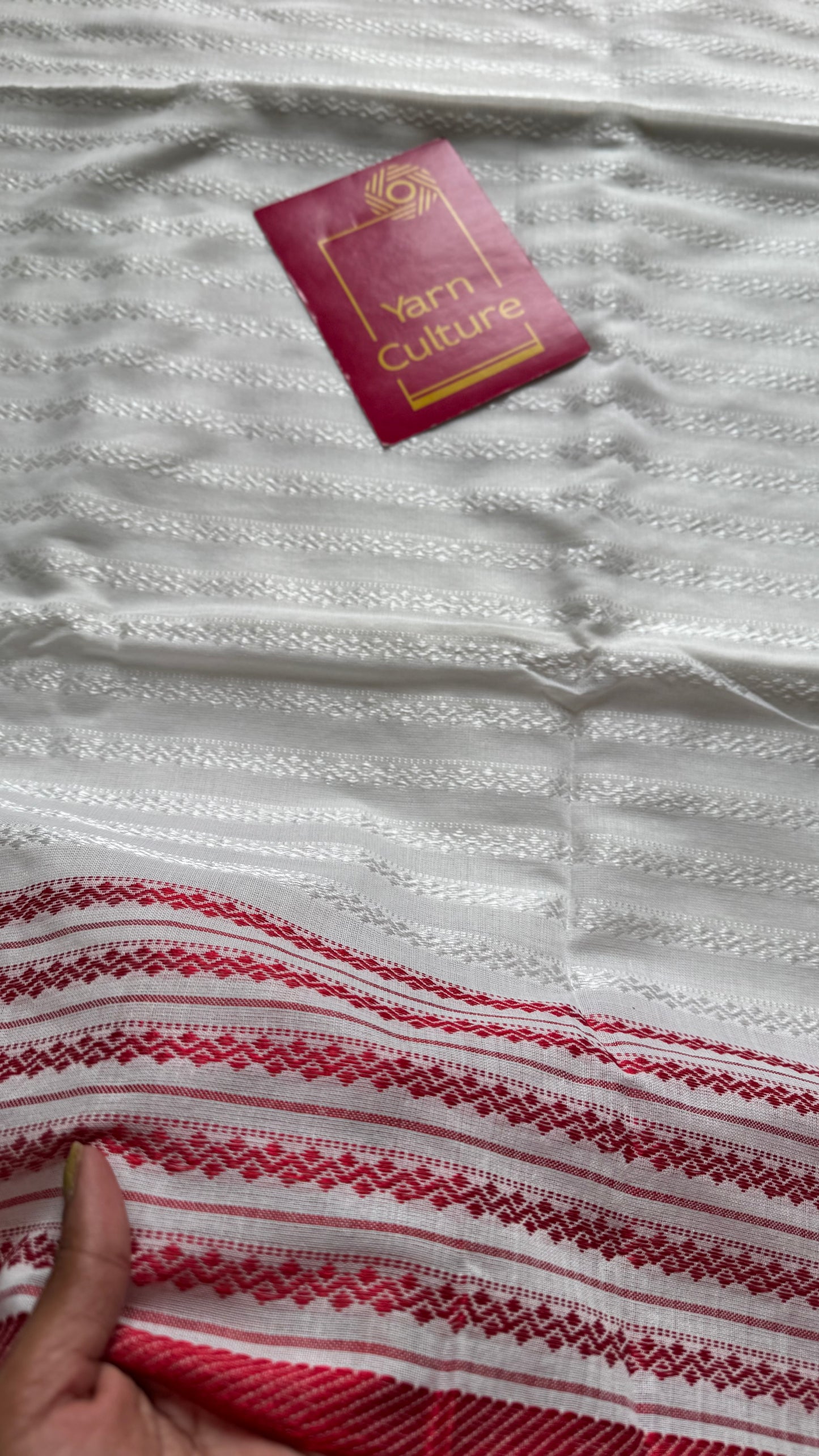White with red patterned border, self pattern, soft cotton - YCBCDP09