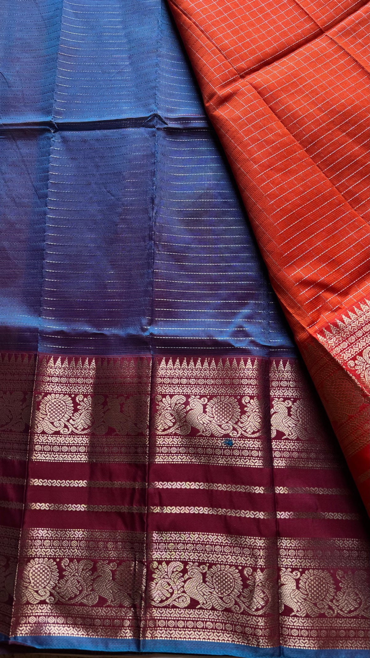 Orange with blue silver zari checks, silver and gold peacock woven zari border, mangalgiri silk cotton, handwoven, soft, light weight - YCWOTDMSCOC122