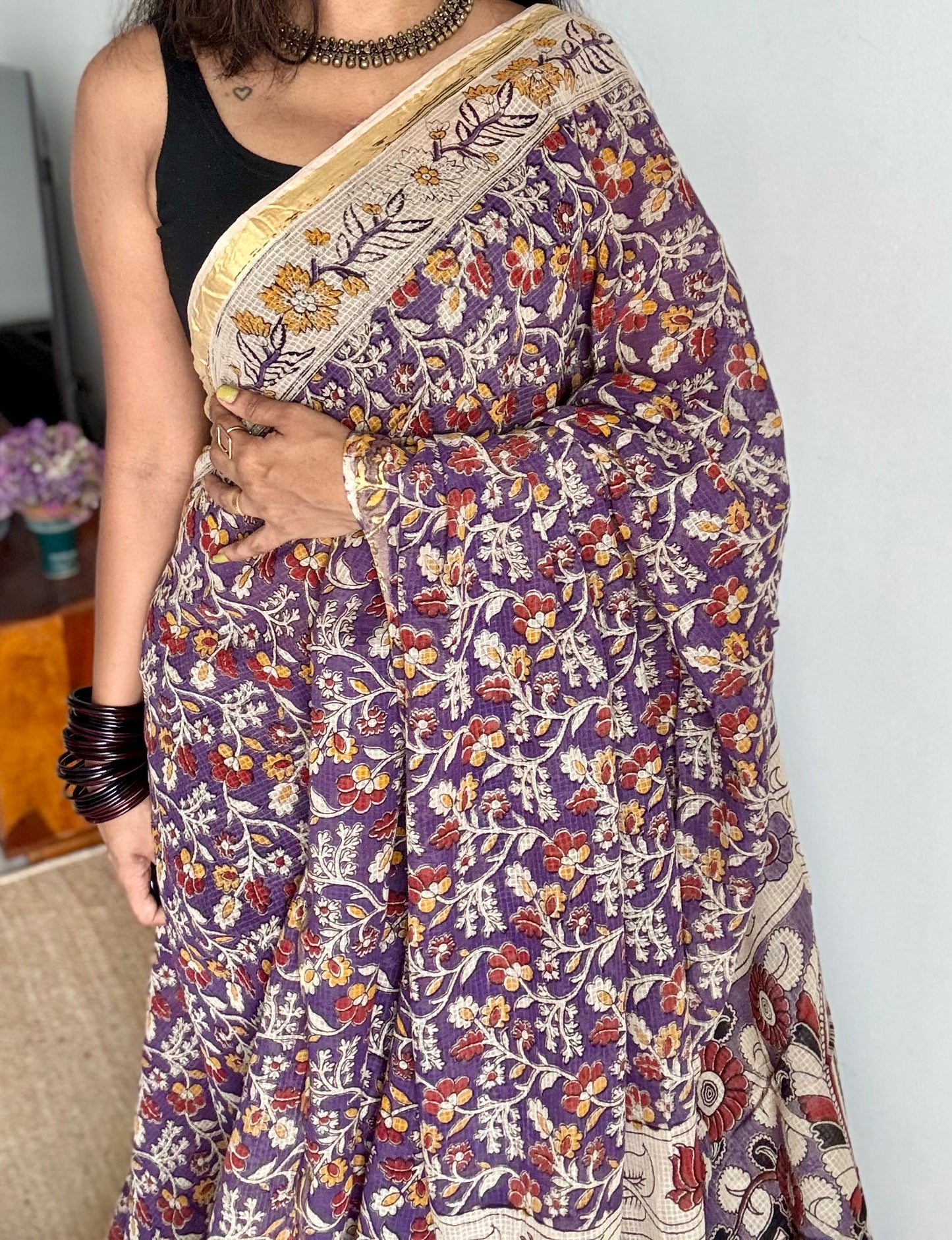 Purple cream red kalamkari saree in kota, with zari border - YCWOTDKKFE18