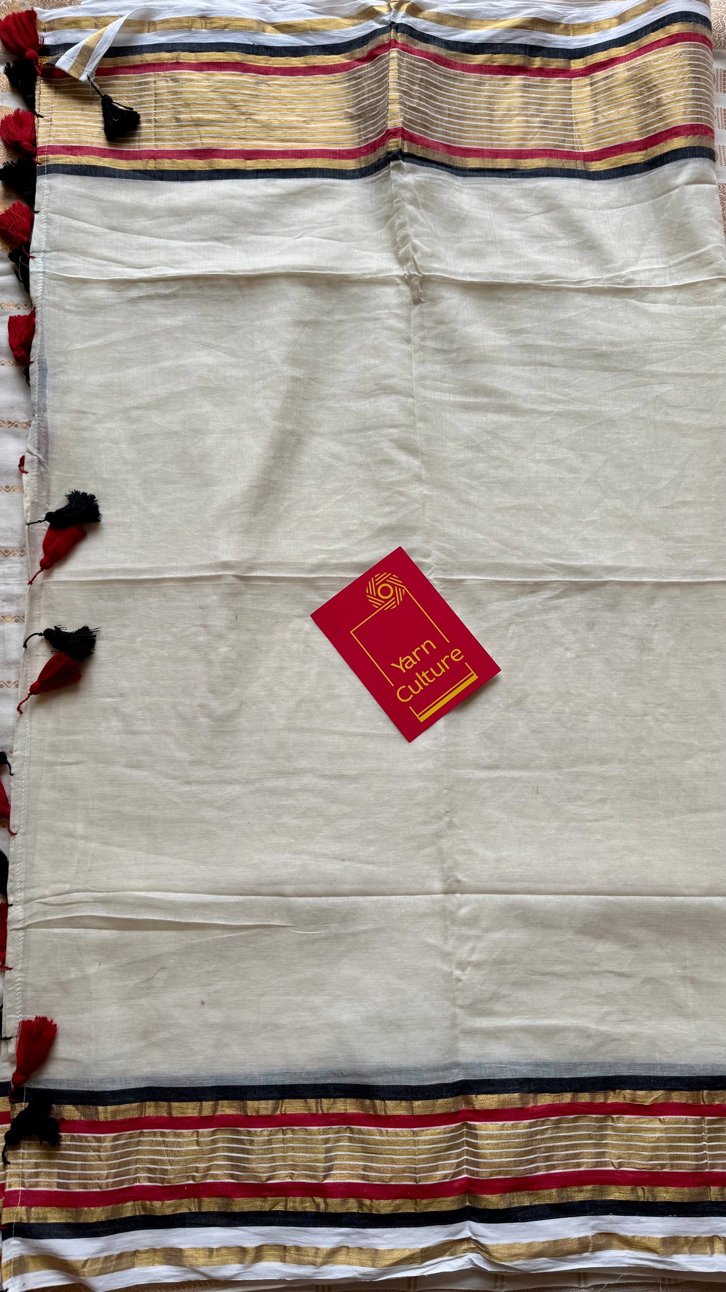 Ivory mul saree, red, black and gold striped border - YCIEON15