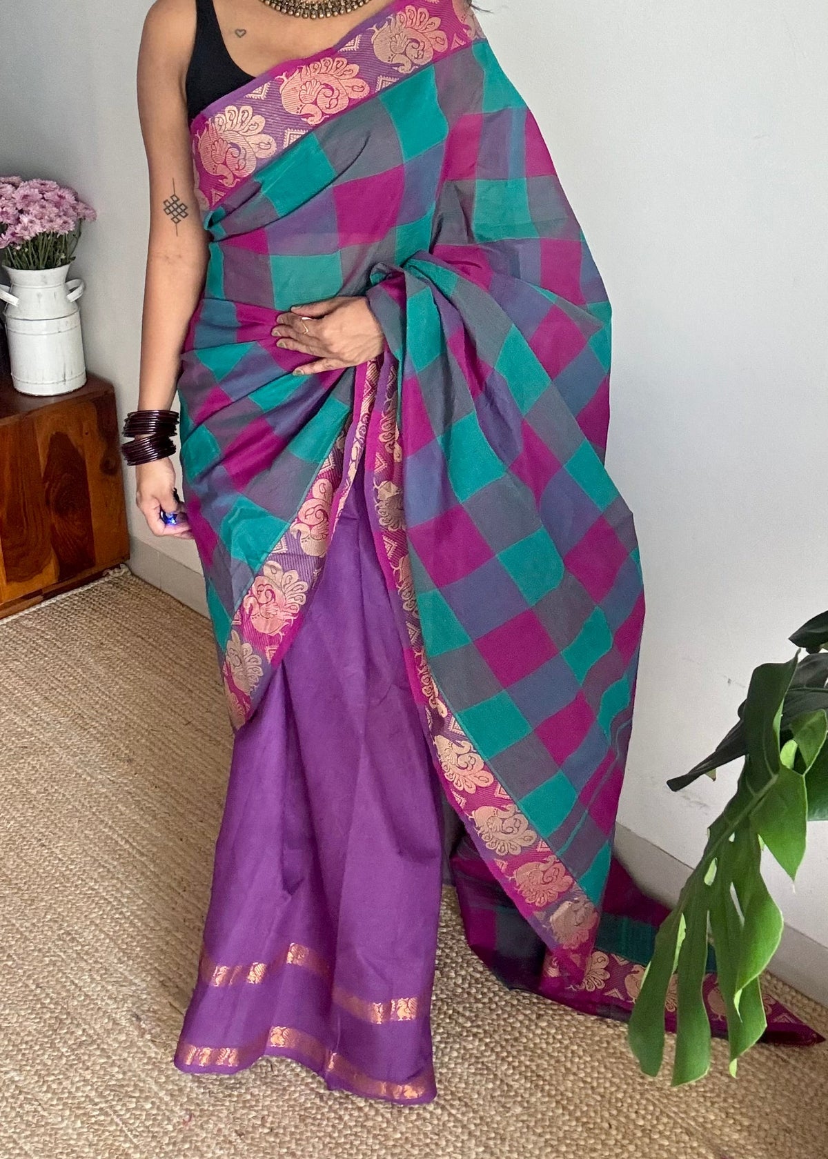Multicoloured checks with purple, sungudi and chettinad cotton half and half saree - YCCOTNIDOC132
