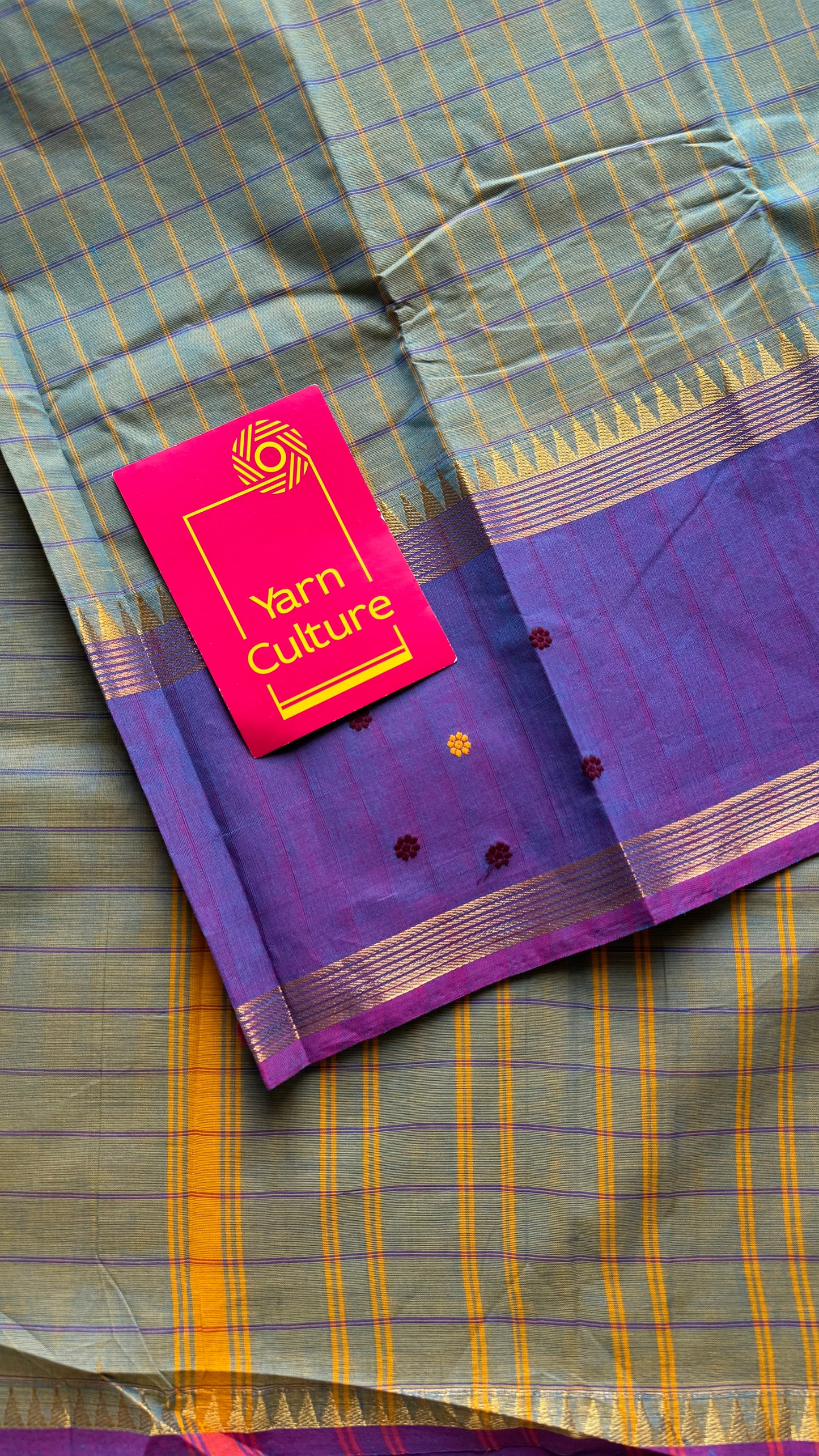 Grey and purple contrast, checkered Chettinad cotton saree - YCCOTNMA270