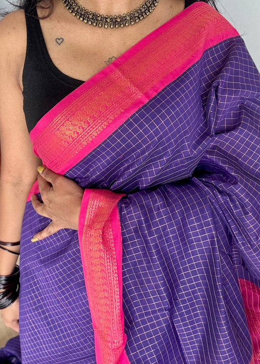 Navy blue with pink, checks - cotton silk - YCCOTNSEKCS13