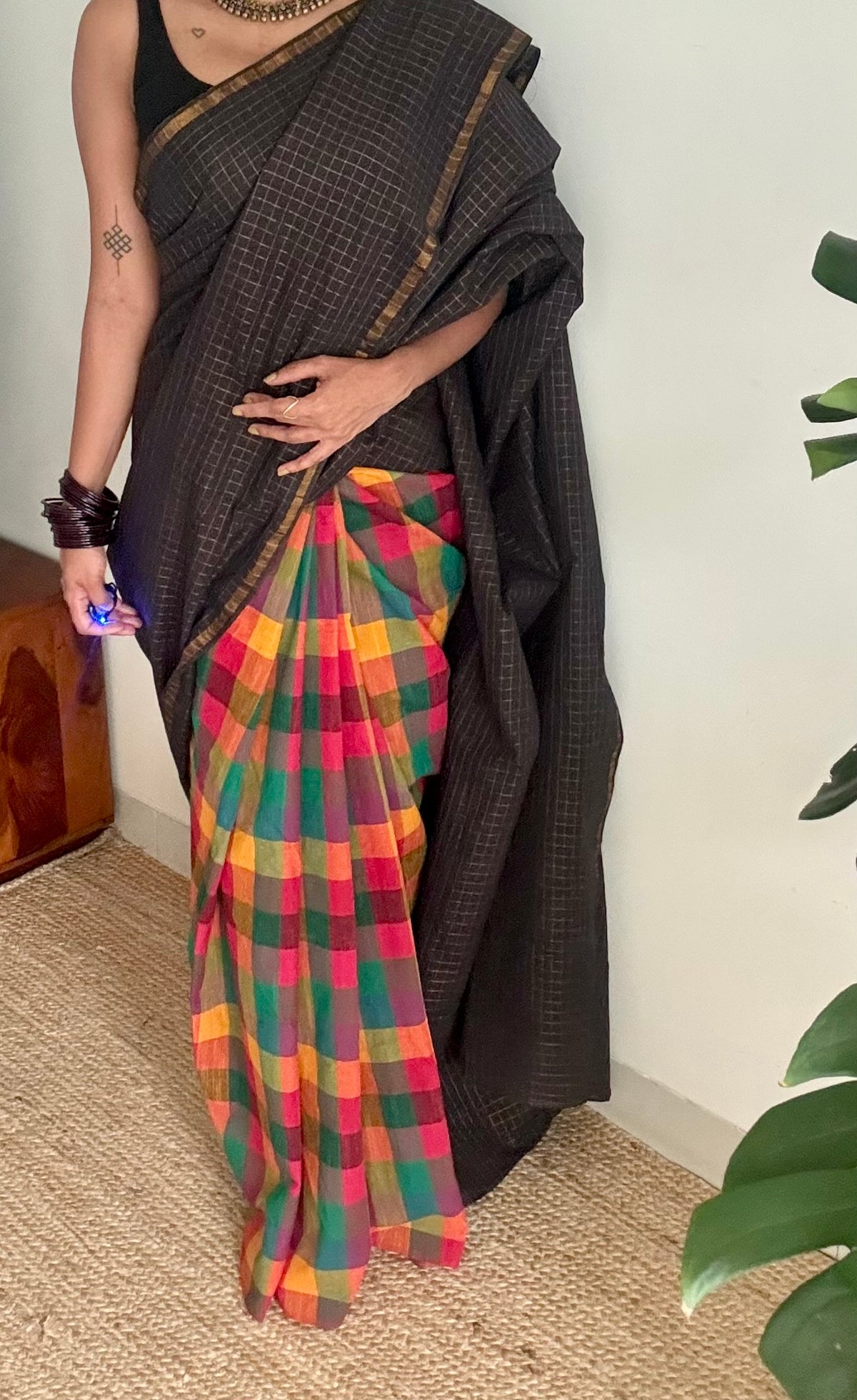 Black with multicoloured checks, cotton half-half saree - YCCOTNIDOC42