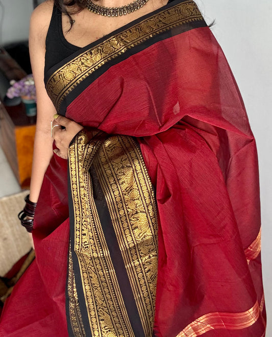 Dark red with black wide contrast border, kanchi cotton - YCCOTNKCDE82