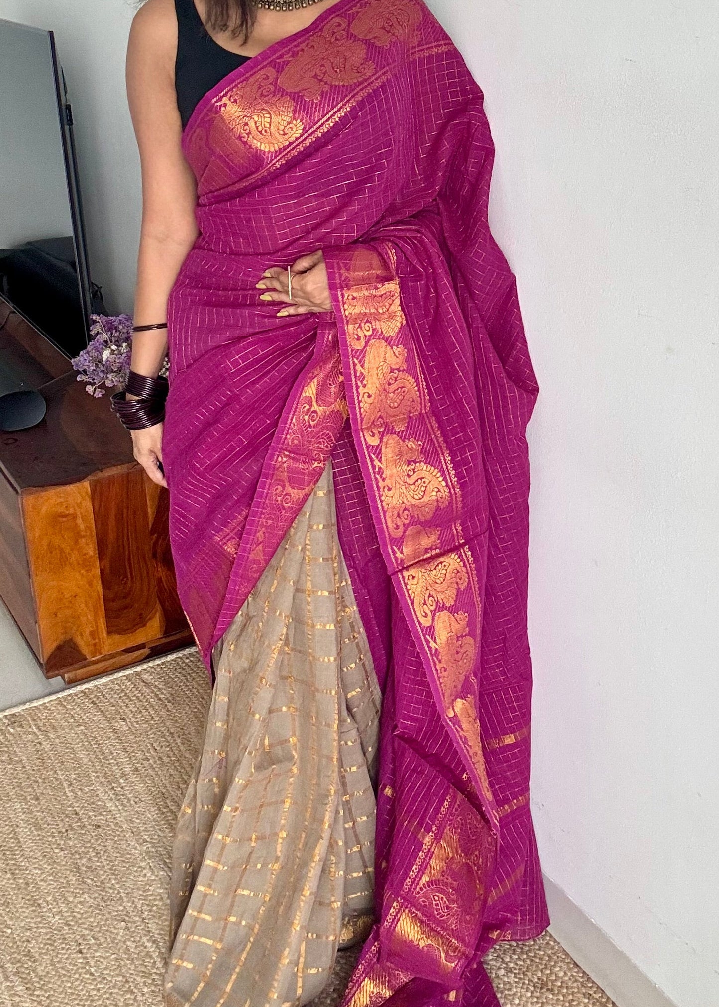 Magenta with warm grey, sungudi cotton half-half saree - YCCOTNMSFE345