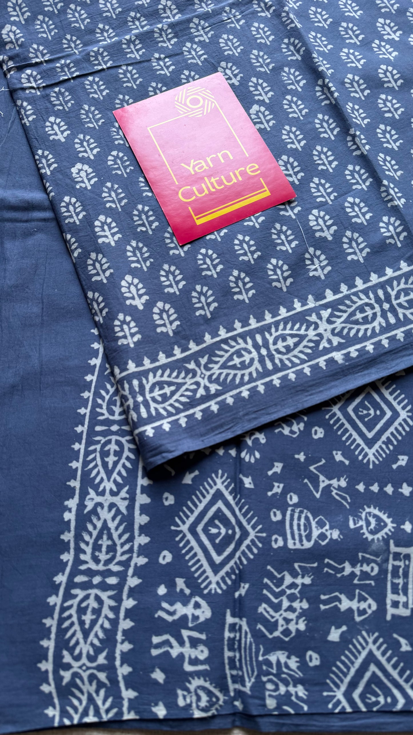 Greyish blue with off white floral block printed soft cotton saree - YCTORCMA21