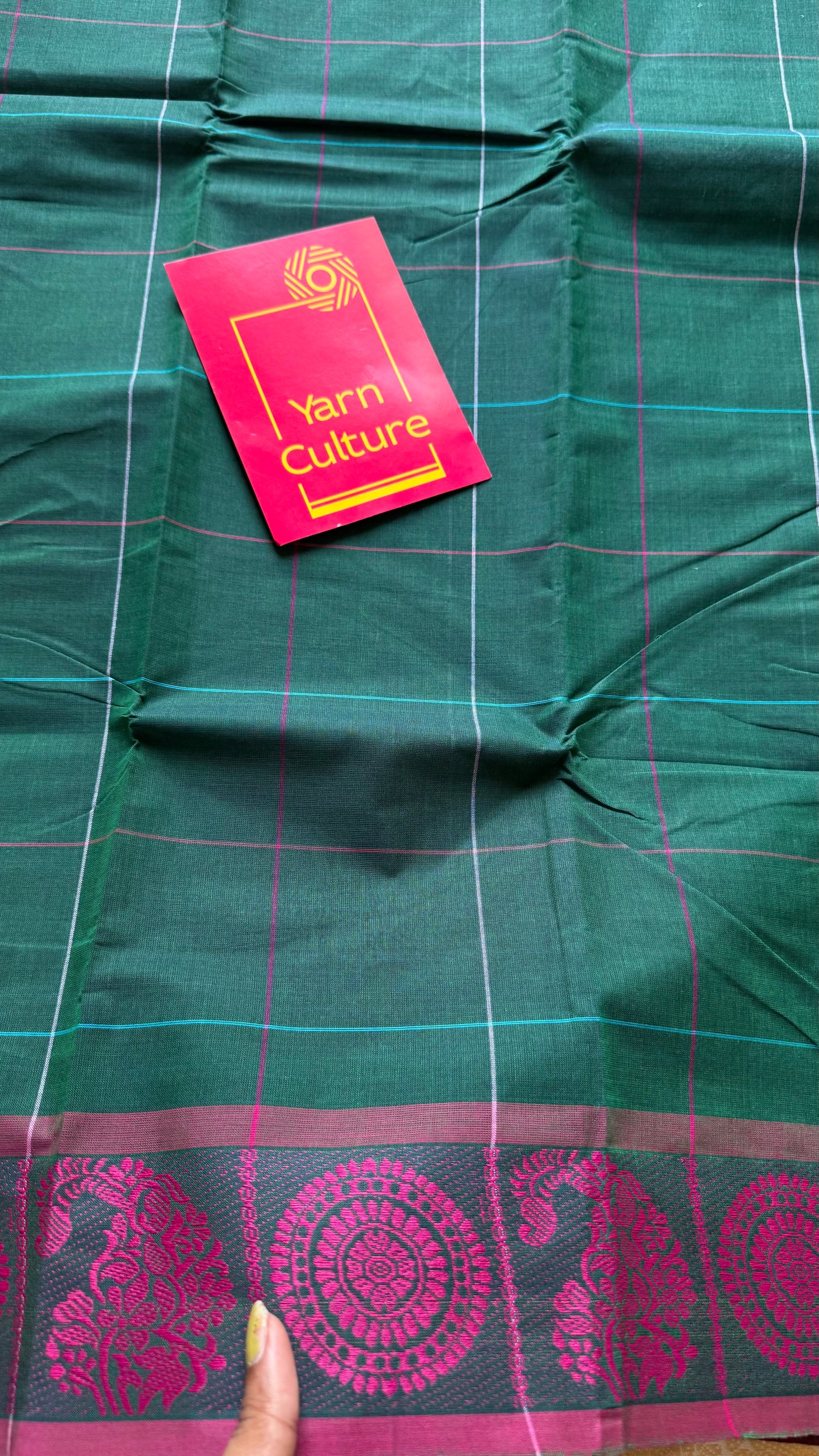 Chettinad cotton saree in dark green with pink checks, thread motif border - YCCOTNJUCC05
