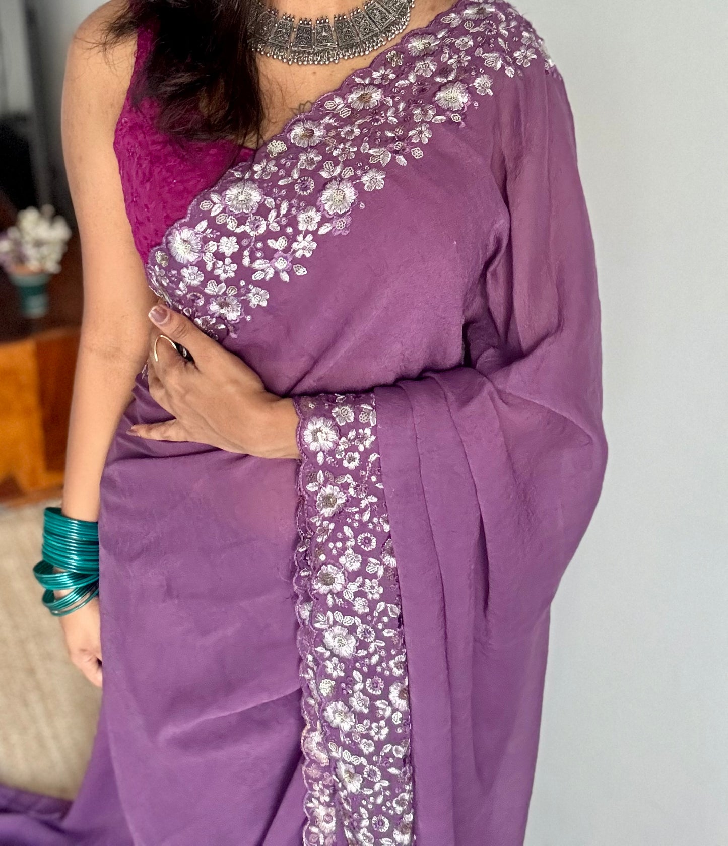 Purple Garden - dark purple with floral sequins embroidered borders, semi-crepe- YCDOSNO47