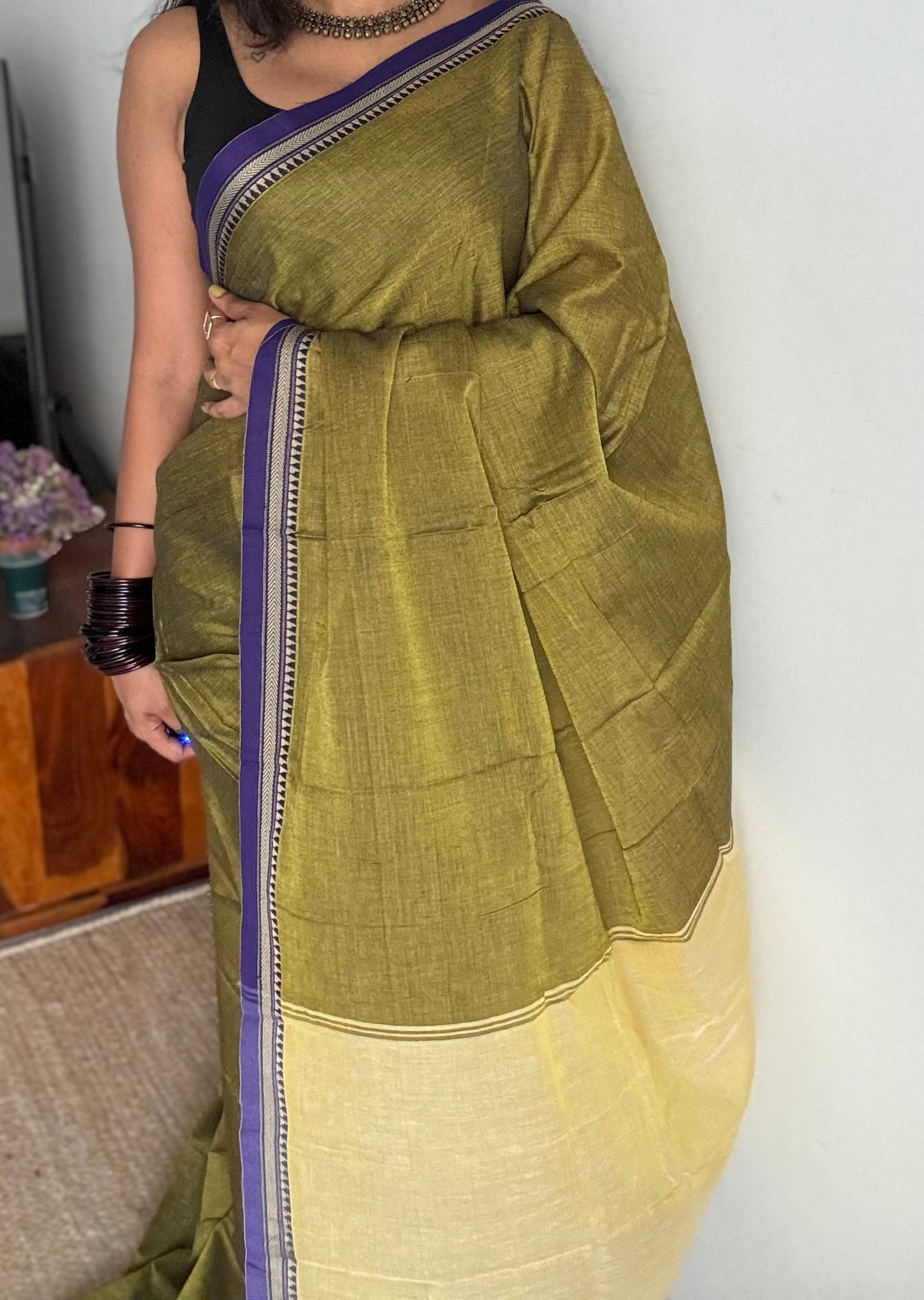 Lime green with purple border narayanpet saree, soft cotton - YCWOTDNPFE34