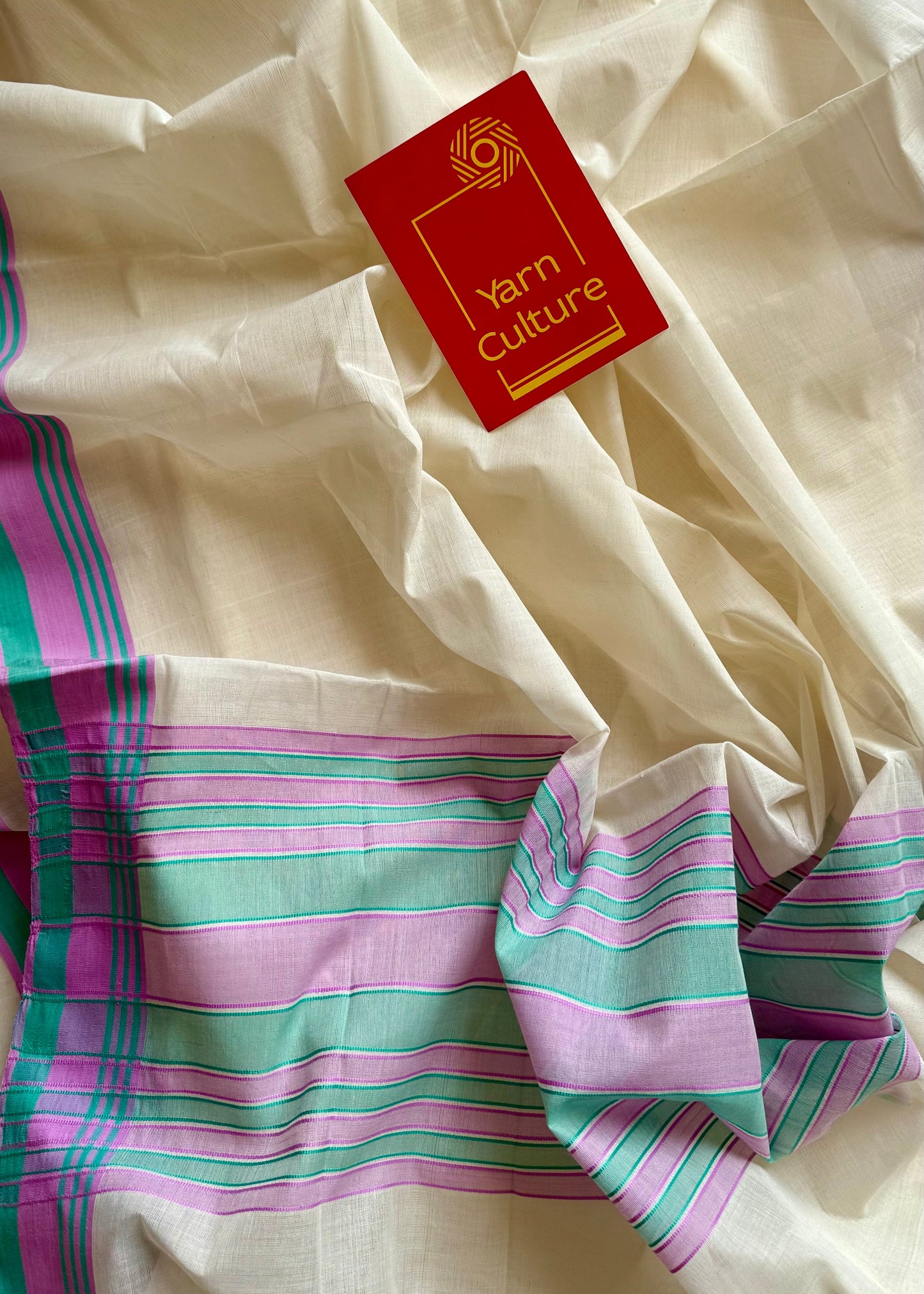 Handloom, woven in Chendamangalam Looms, ivory with pink and green stripes, soft cotton saree - YCIEON149