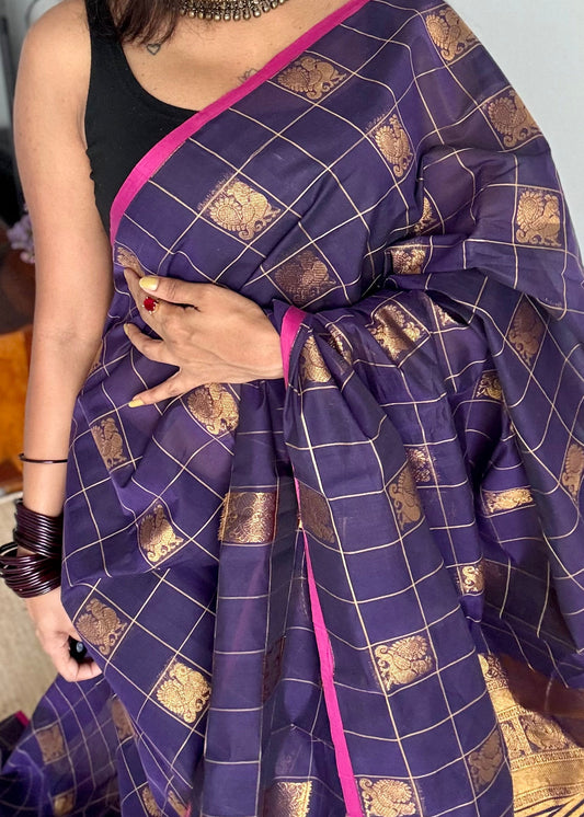 Kanchi cotton saree, peacock motif saree, Kanchivaram inspired design, South Indian cotton saree, traditional checked saree, Kanchi cotton saree with peacock design