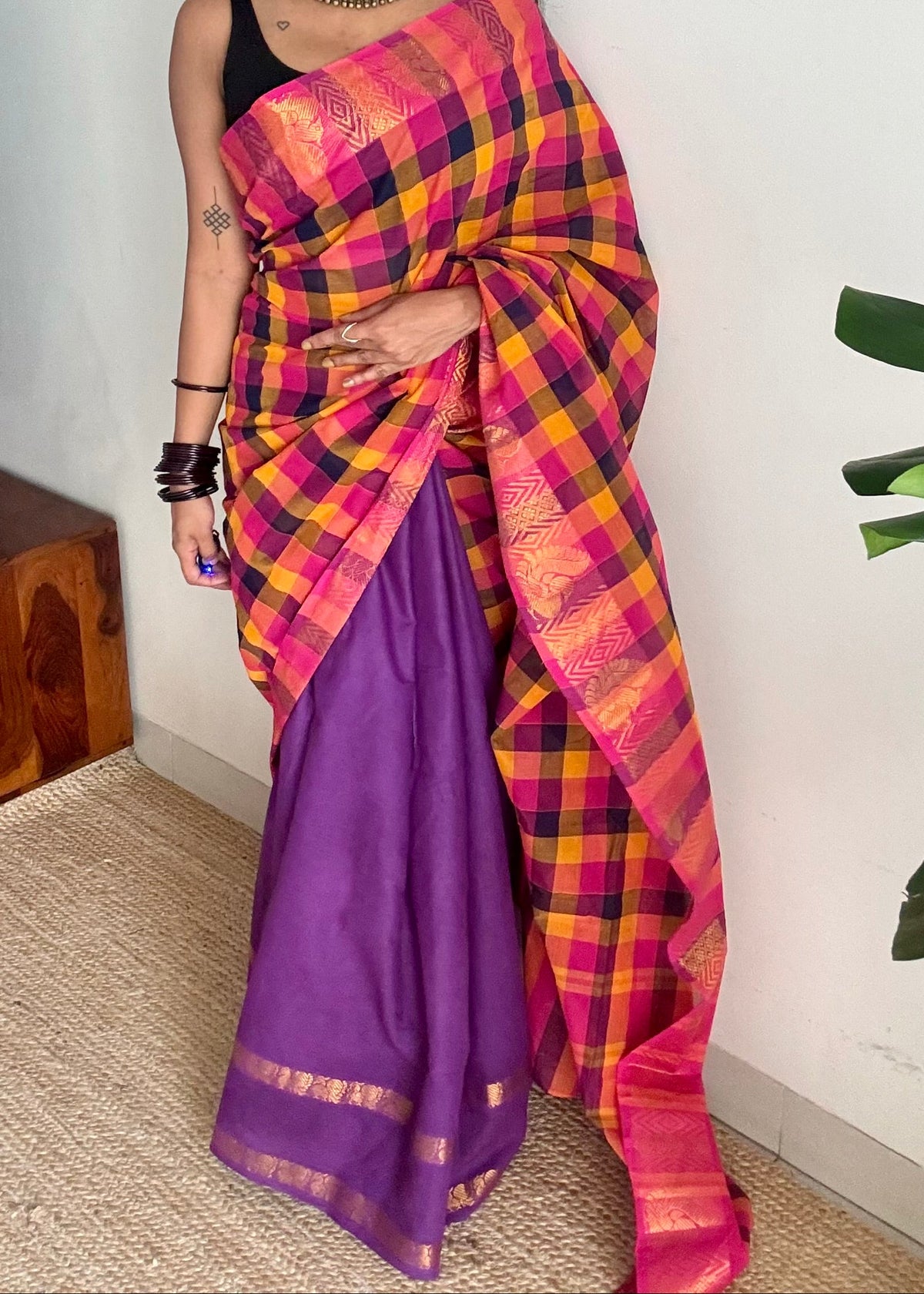 Multicolour checks with purple, sungudi and chettinad cotton half-half saree -YCCOTNIDOC33