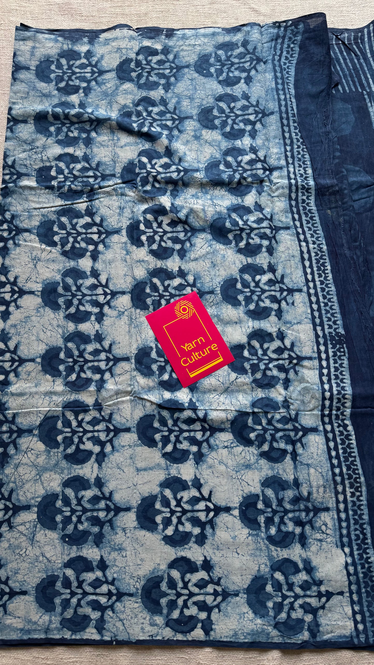Indigo with circle and line motifs, block printed soft cotton saree - YCTORCMA24