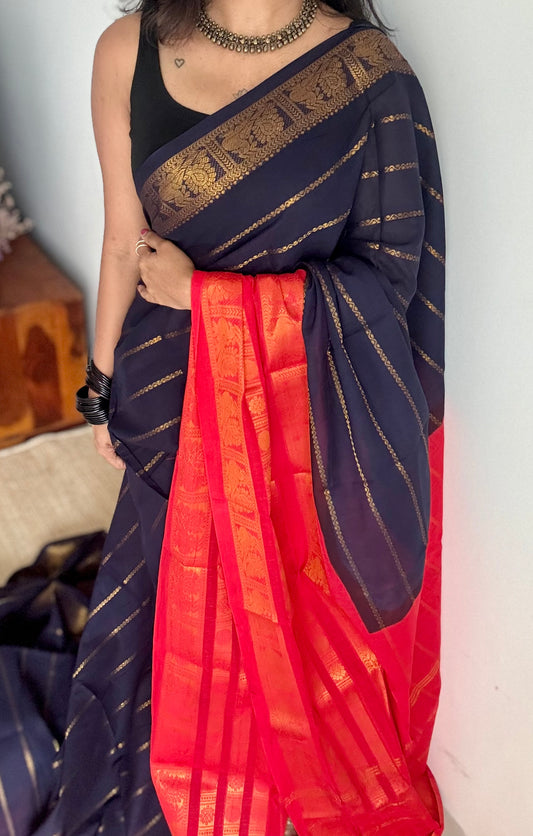 Dark blue, bright red, peacock rudraksham motif, single side broad zari - madurai kattuchayam dyed - YCCOTNAURS15