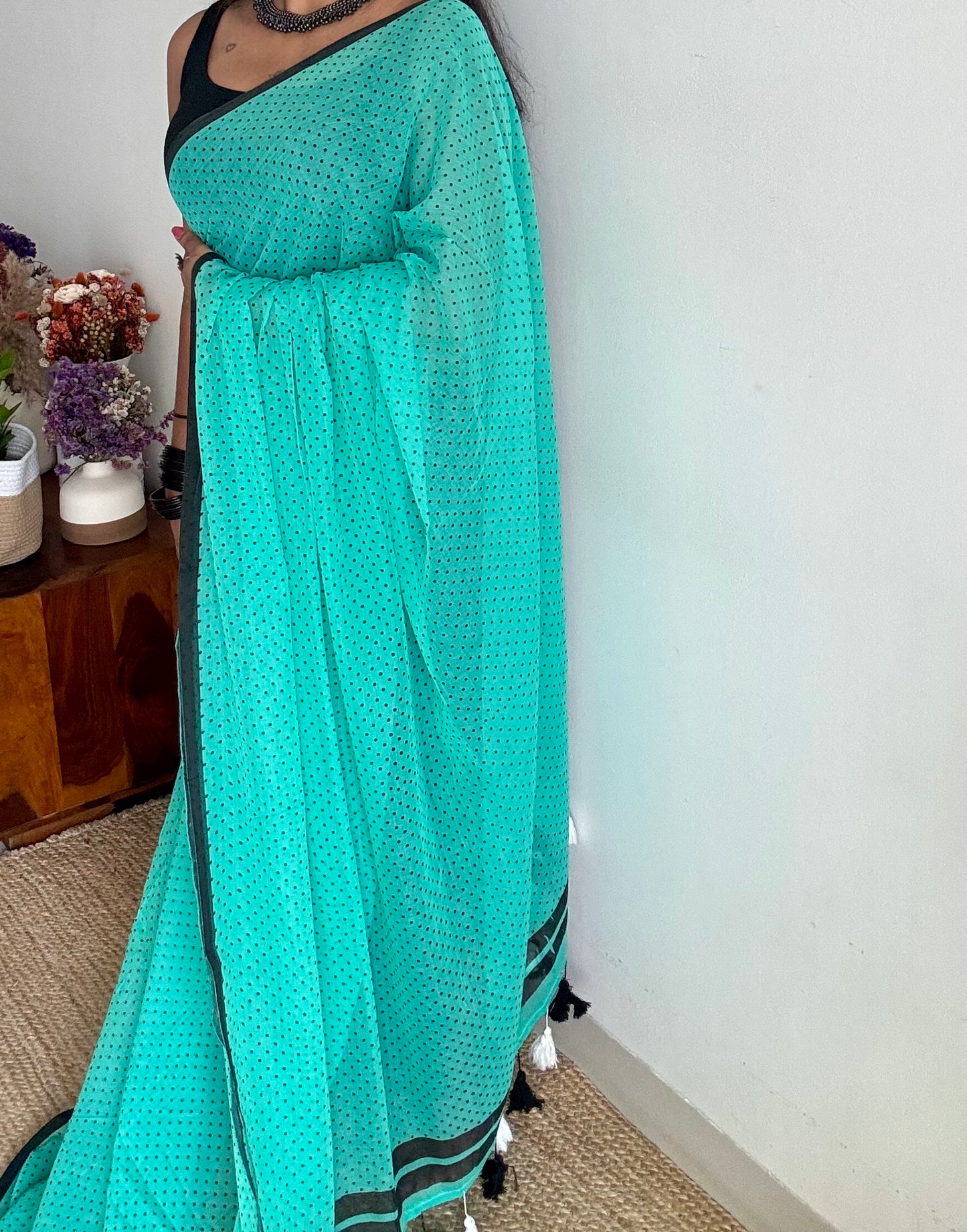 Turquoise blue with polka dots mul cotton saree  - YCBCMCAP52