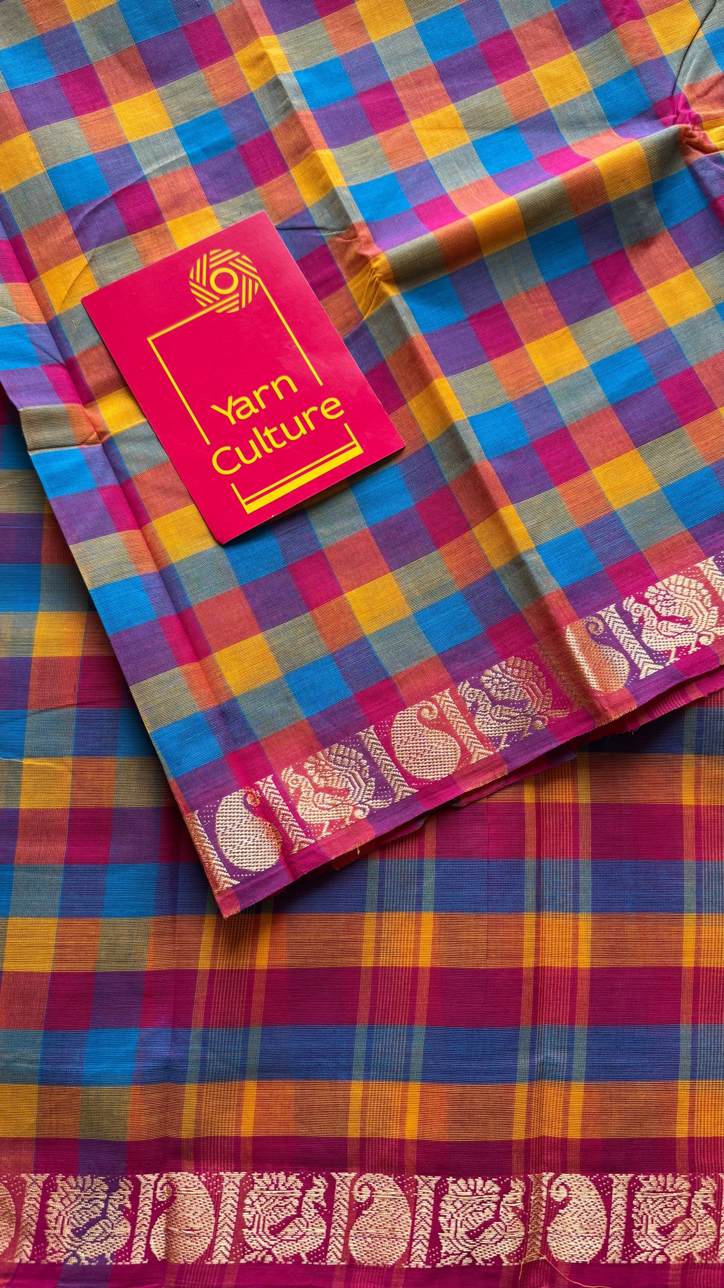 Multicolour Chettinad cotton saree with Paalum Pazhamum checks (pink, blue, orange, yellow)- YCCOTNJUCC01