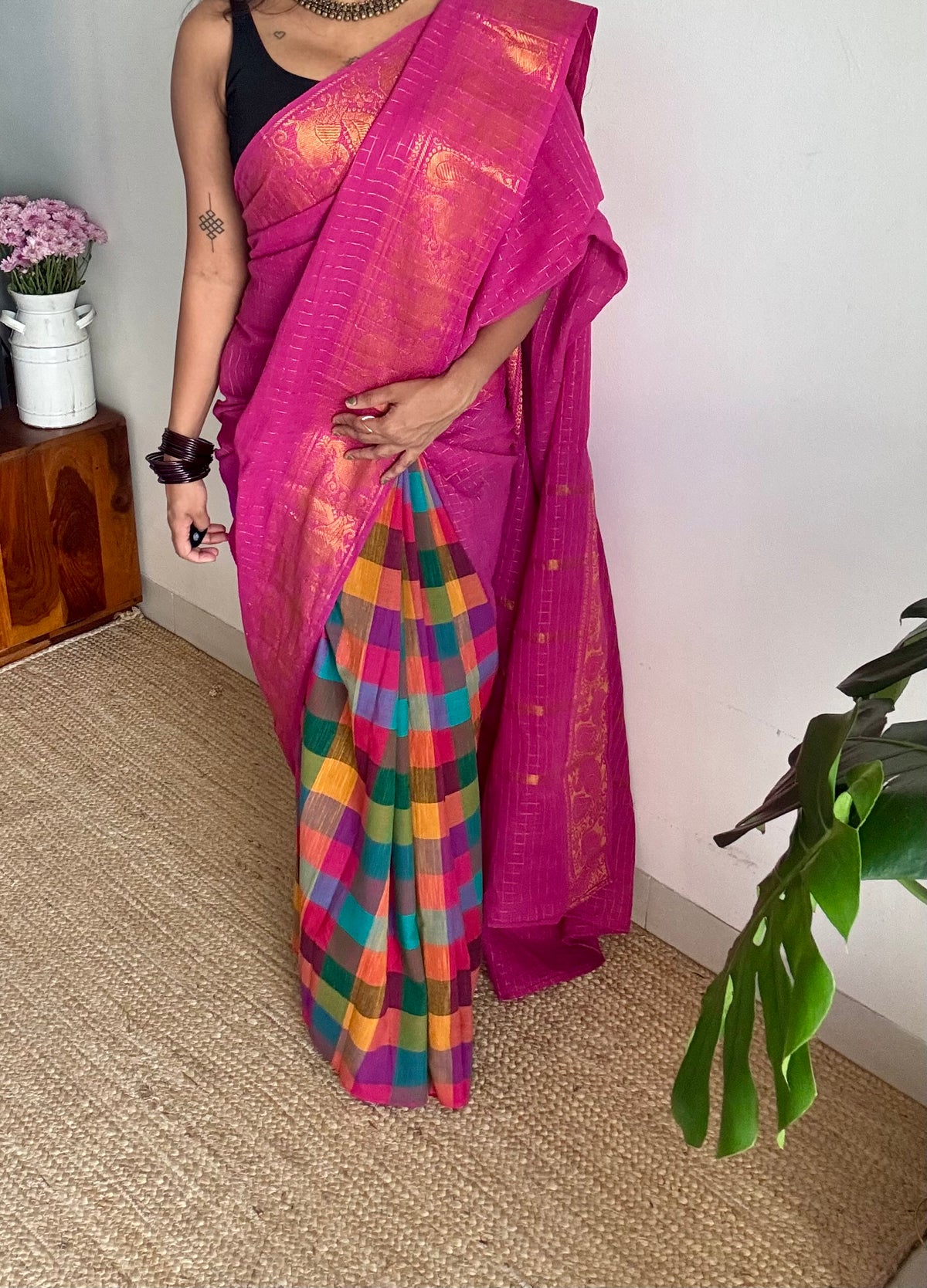 Light magenta with multicoloured madras checks, cotton half and half saree - YCCOTNIDOC159