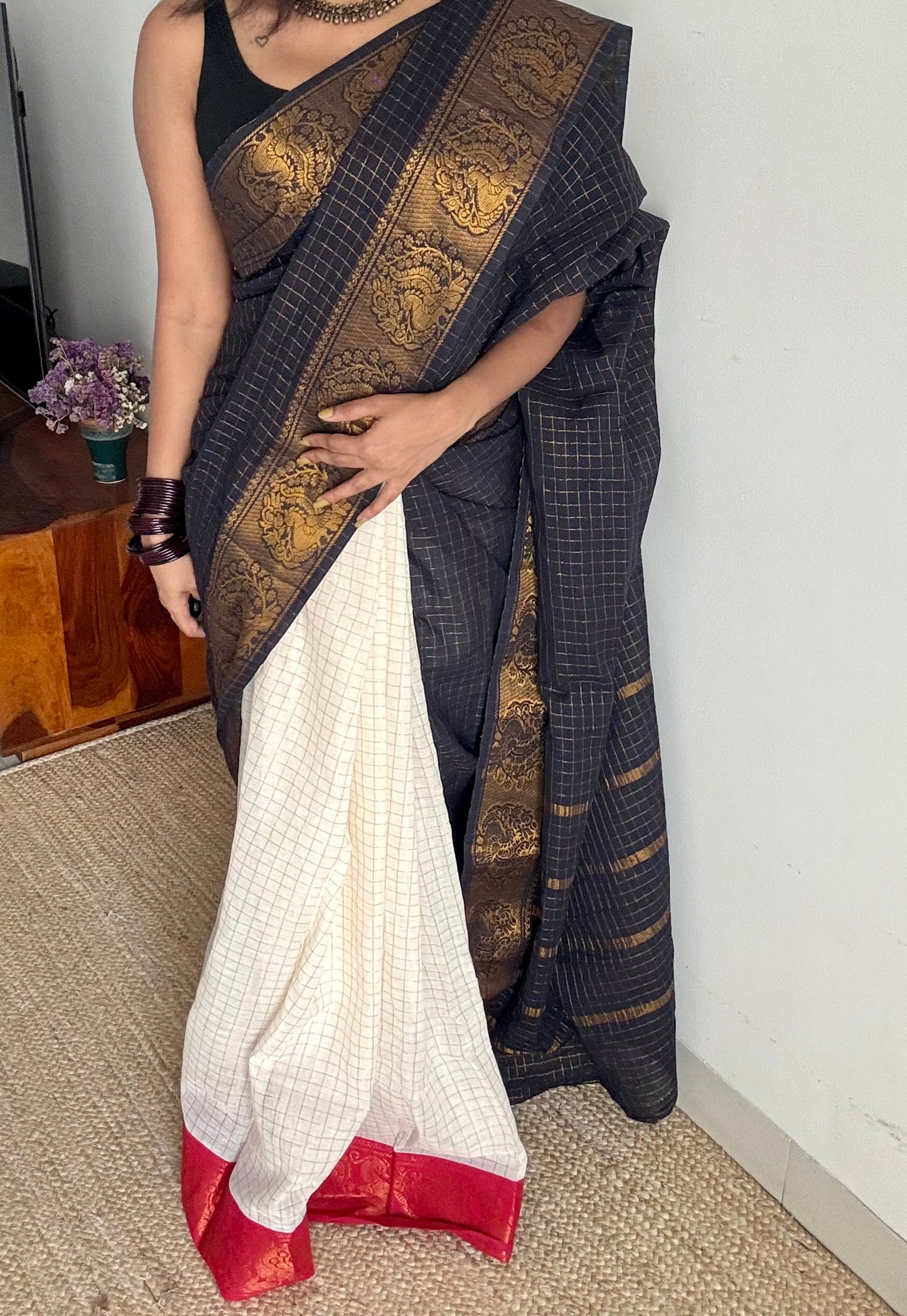 Black with ivory and red, sungudi cotton half-half saree - YCCOTNMSFE374