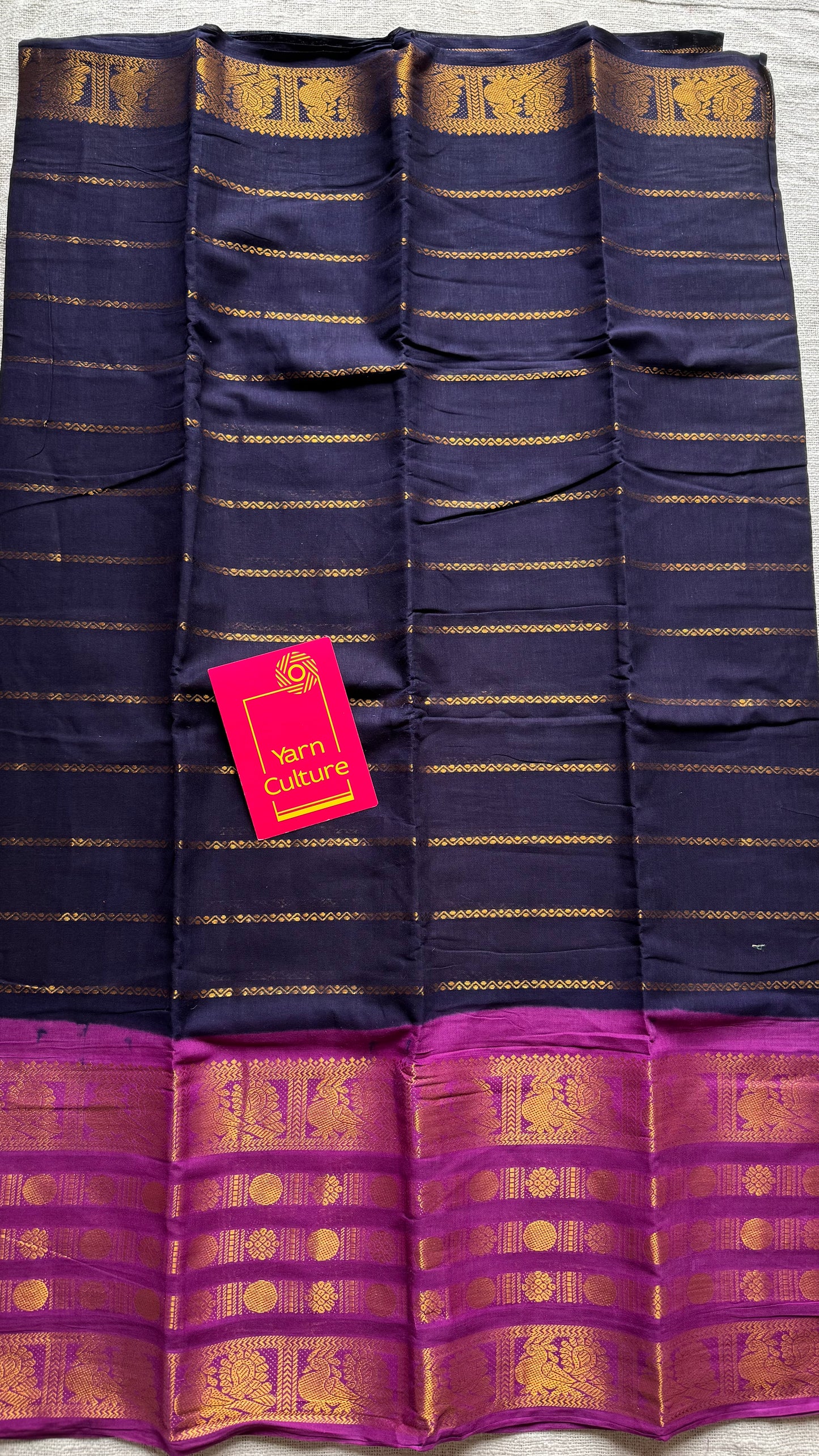 Dark blue with purple pink (vadamalli), peacock rudraksham motif, single side broad zari - madurai kattuchayam dyed - YCCOTNAURS18