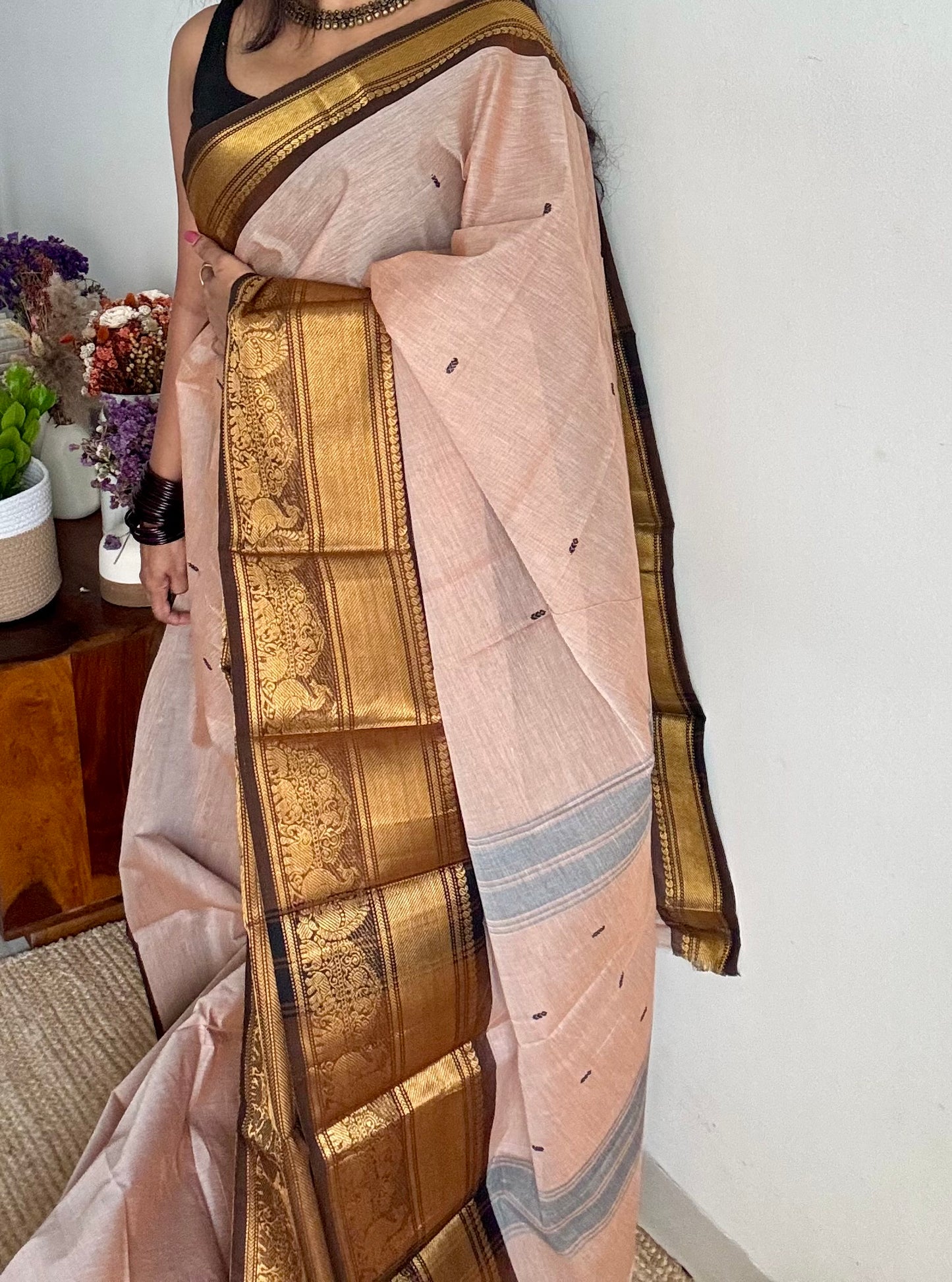 Kanchi cotton saree,dark beige with brown gold zari border - YCCOTNAP82