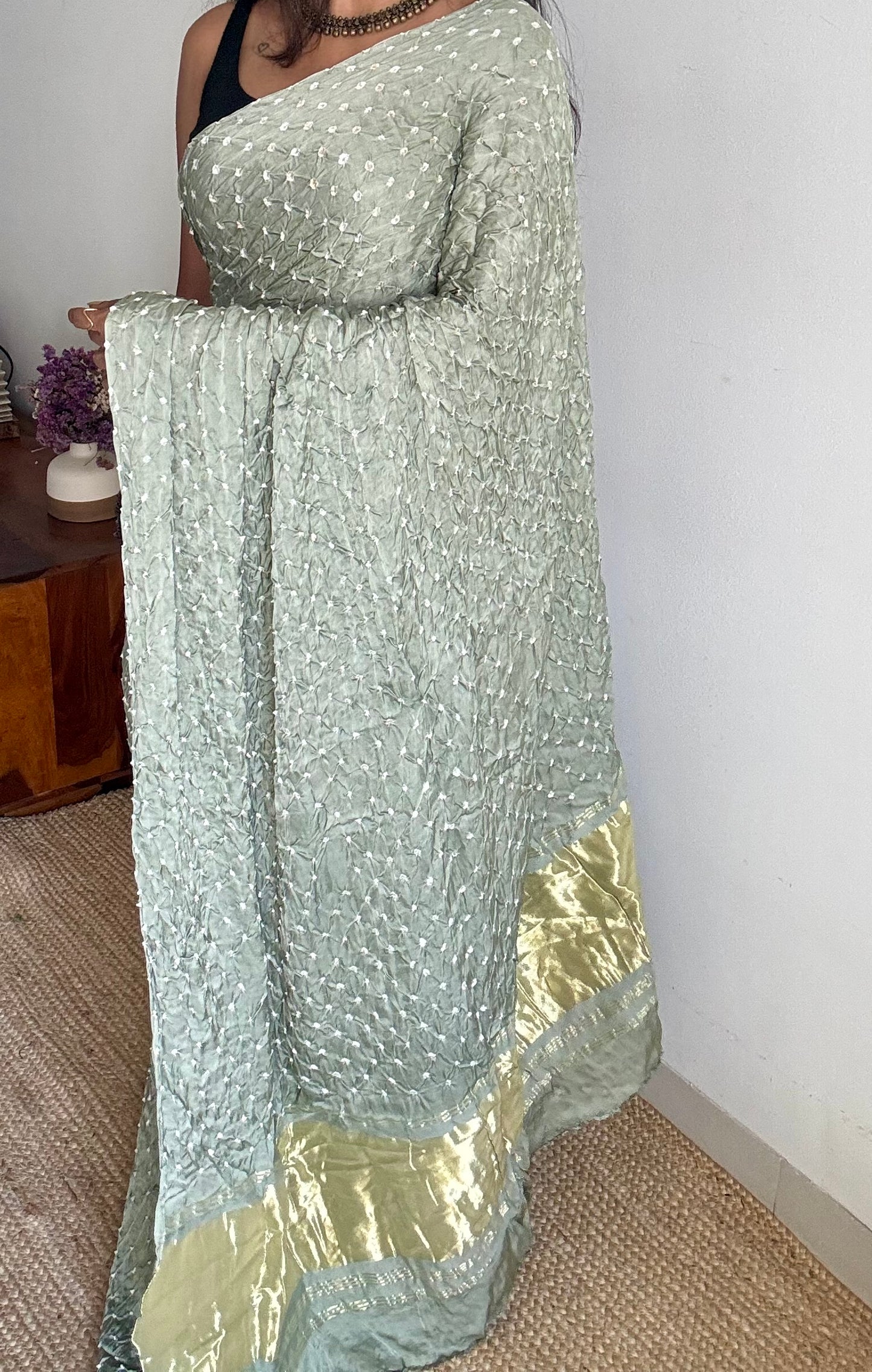 Pastel mint green, crushed bandhej pure modal silk saree with lagdi patta zari pallu - YCTOKBM334