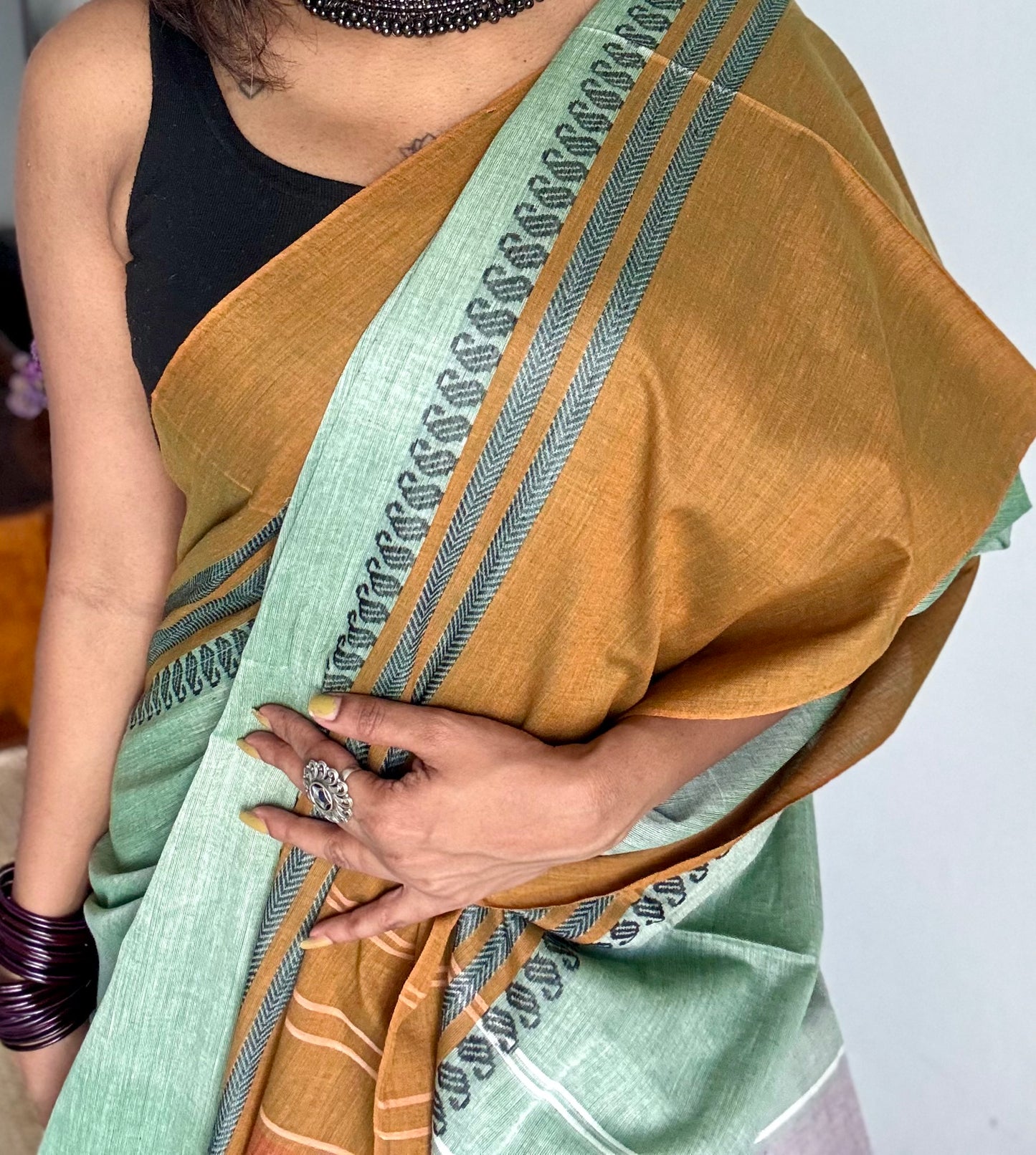 Dhonekhali handloom soft cotton saree, sage green with light brown border - YCBCDFE255