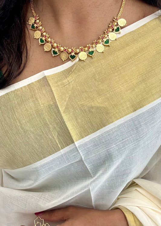 Coin and green palakka necklace in gold finish - YCAGC10