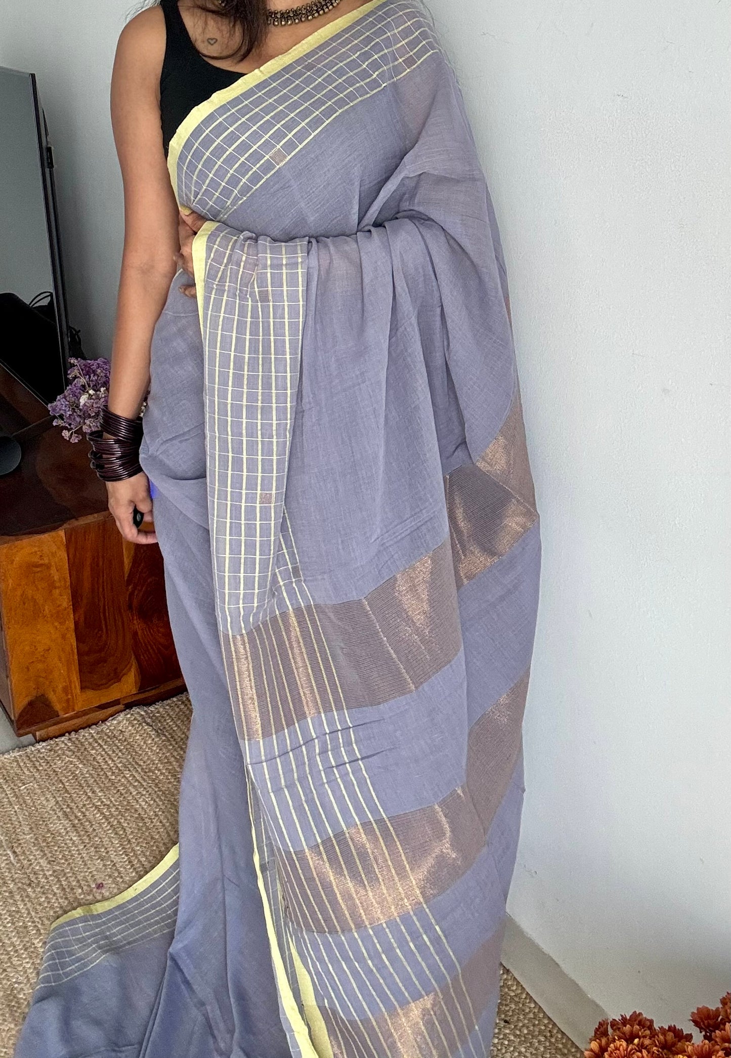 Grey handloom mul saree with custard yellow checkered borders and antique gold buttas - YCBCMCFE387