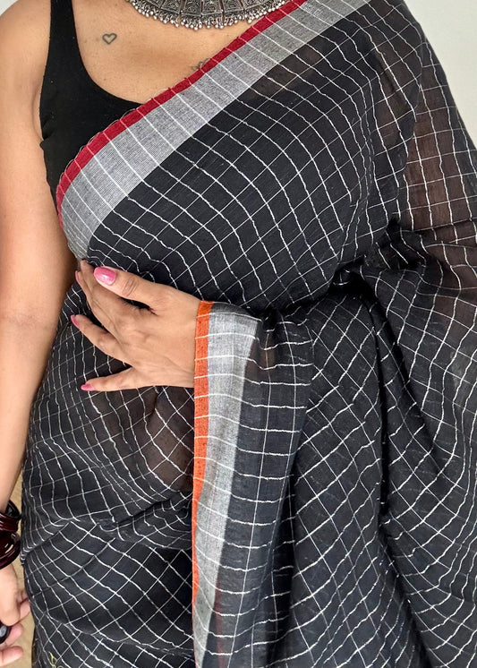 Black linen by cotton saree, silver checks & zari pallu - YCBCLCAP55