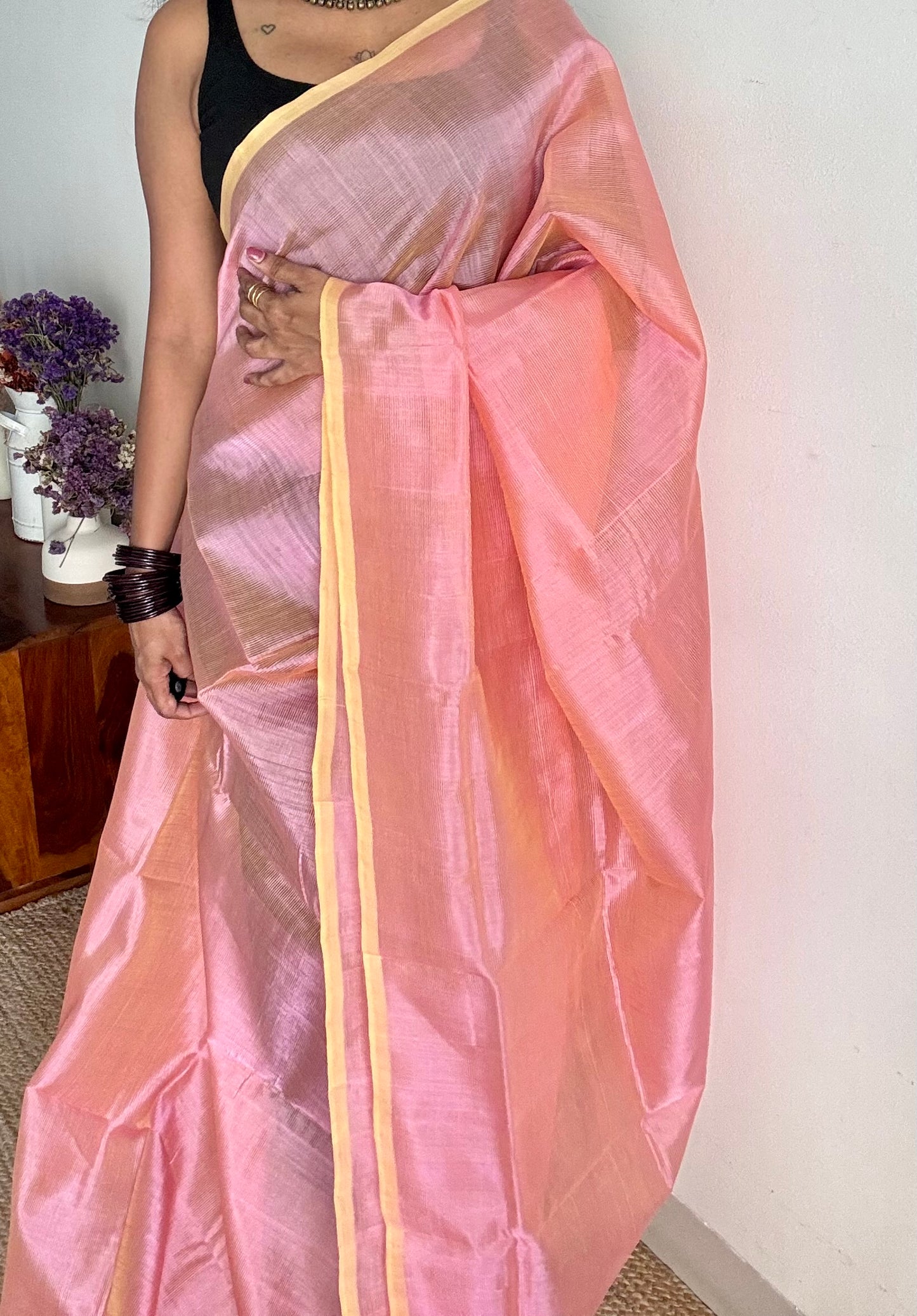 Plain pastel pink yellow dual tone, mangalgiri silk cotton, handwoven, soft, light weight - YCWOTDMSAP220