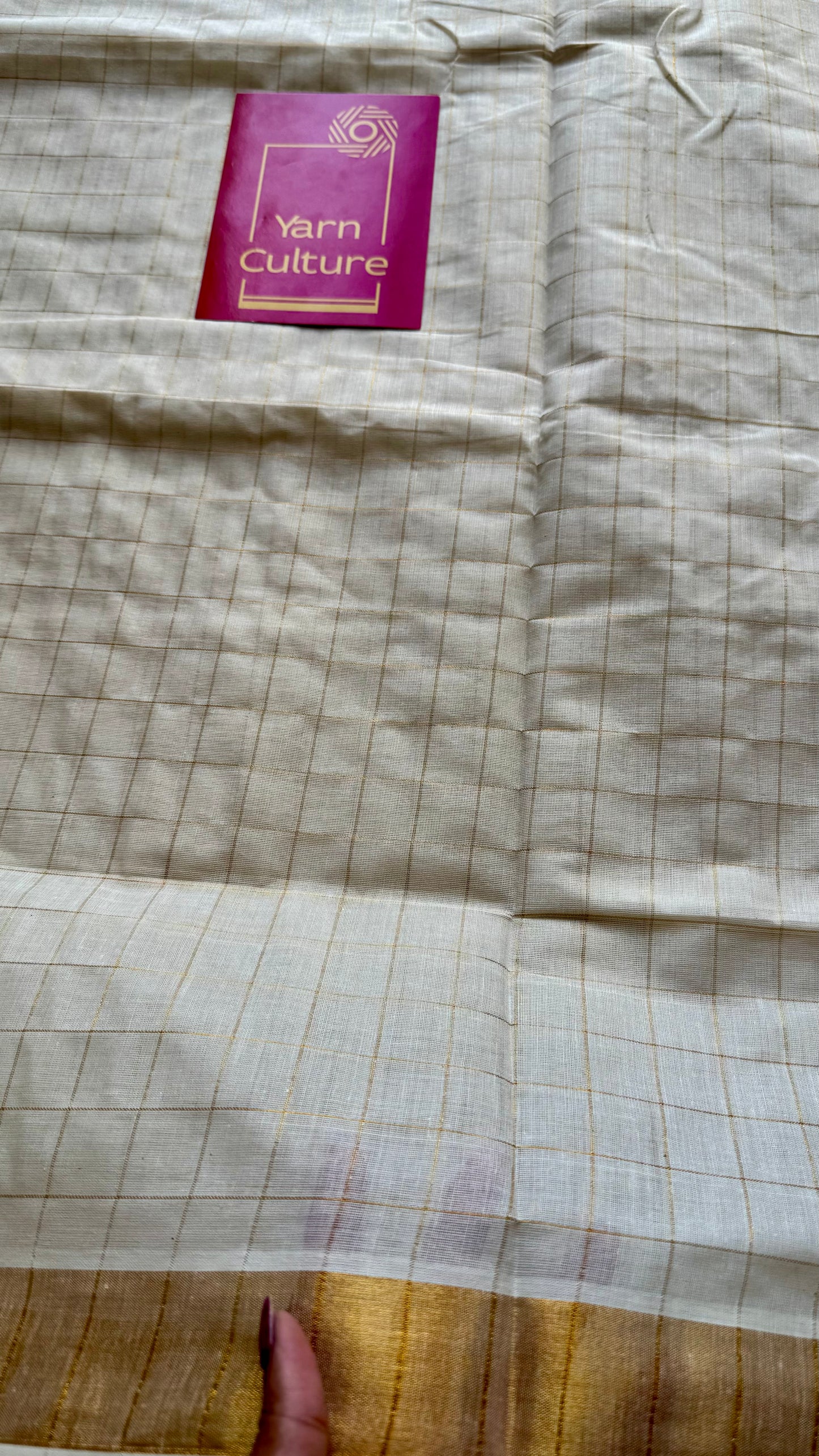 Ivory and gold soft cotton kasavu saree, checks - YCIEON79