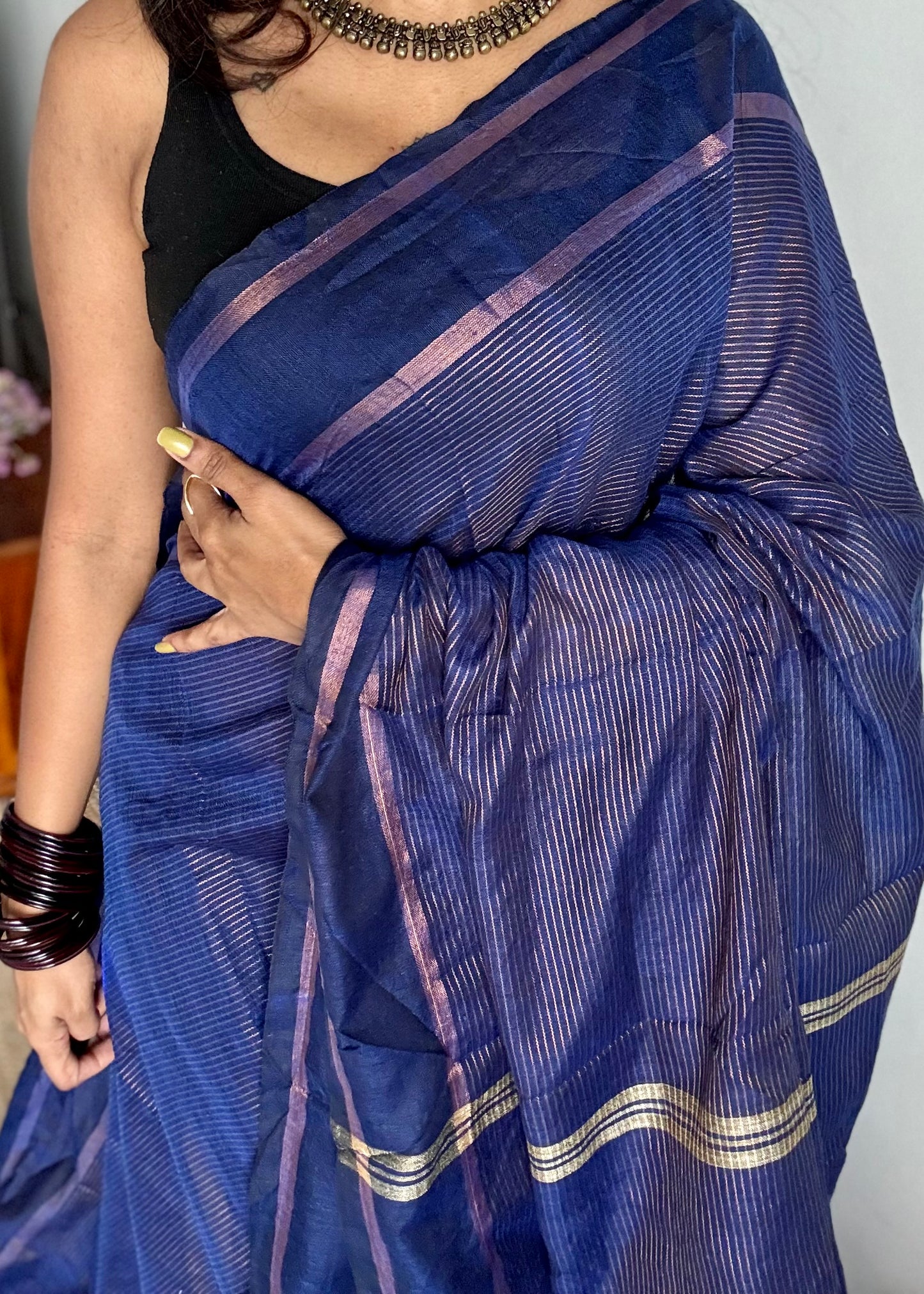 Dark indigo blue, gap border, antique gold zari stripes, soft cotton - YCBCKCZDE122