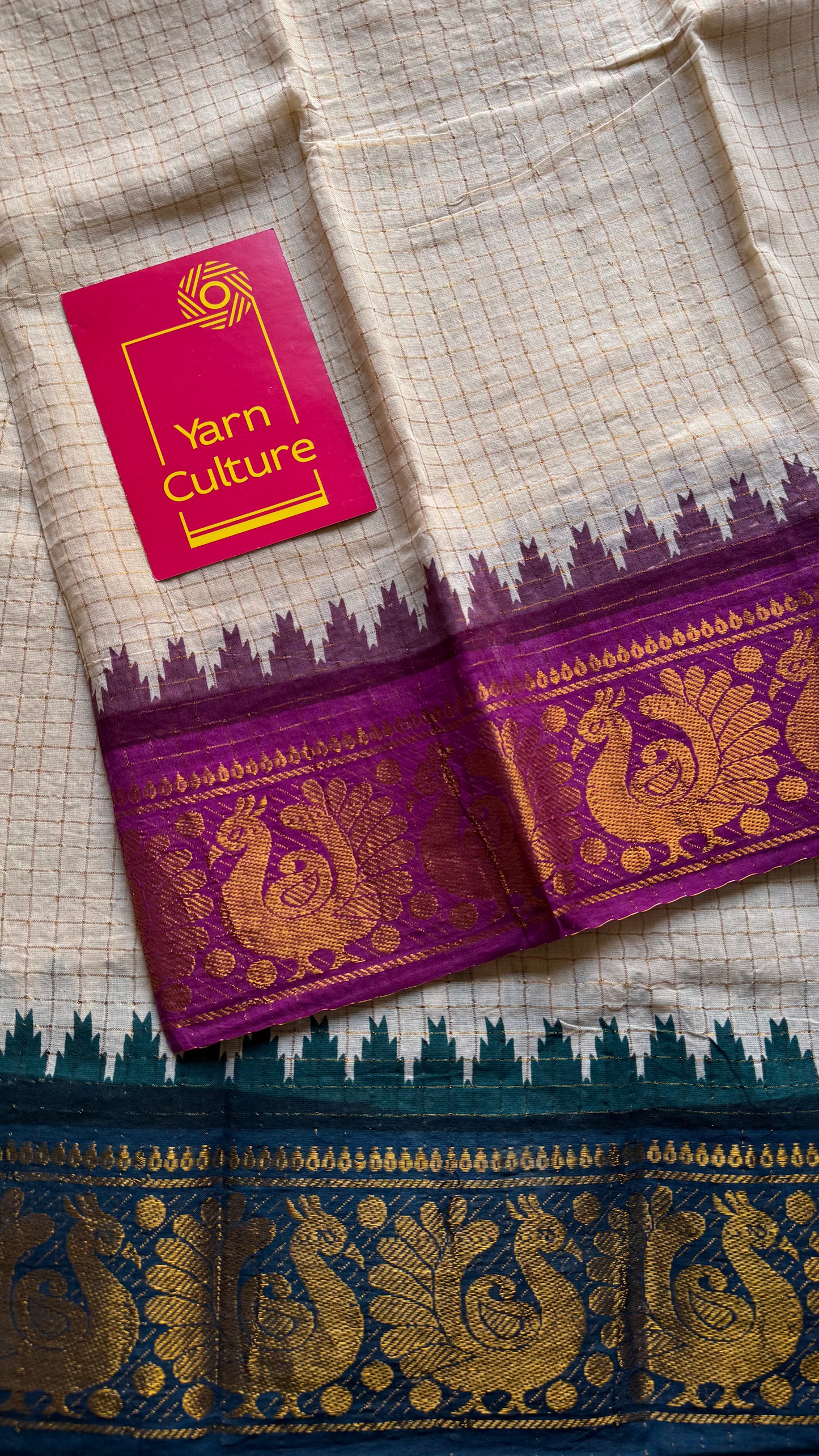 Sungudi cotton checks, ivory gold base, teal and magenta dual tone border, soft cotton - YCCOTNGJJA177