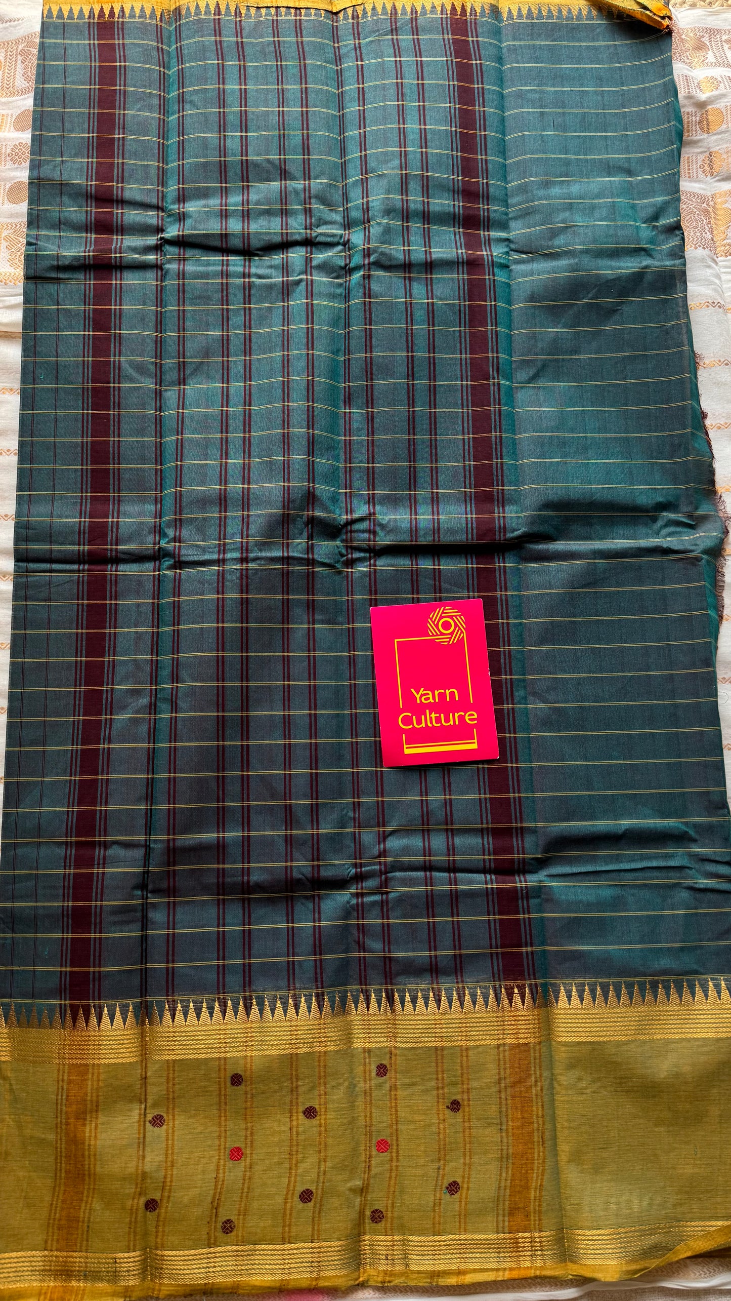 Dark teal and light green contrast, checkered Chettinad cotton saree - YCCOTNMA269