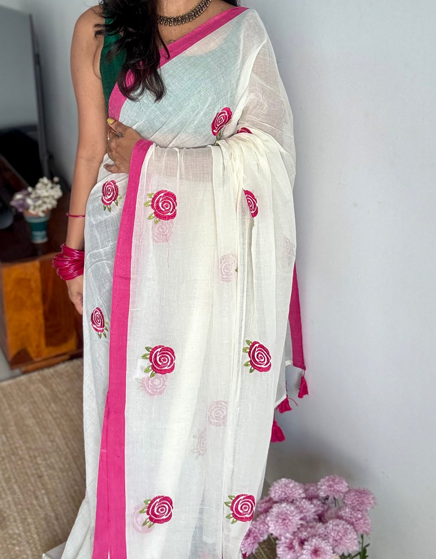 Cream mul with dark pink rose thread embroidery - YCBCMCNO74