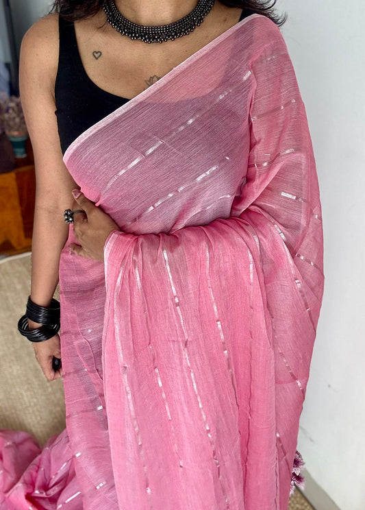 Candy Rose - pastel dusty pink with silver zari stripes, mul cotton - YCBCJULMS04