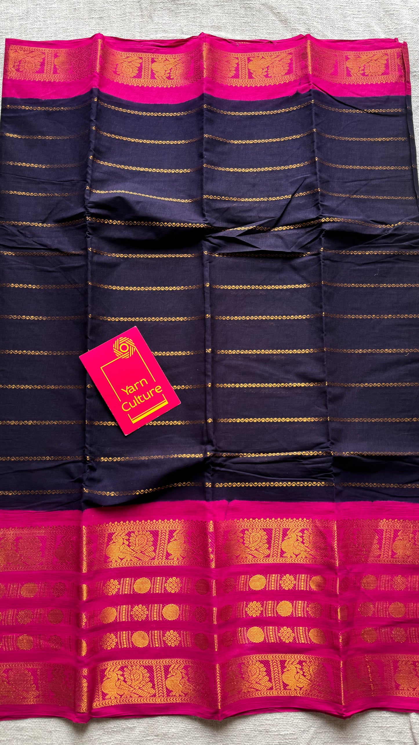 Dark blue with hot pink, peacock rudraksham motif, single side broad zari - madurai kattuchayam dyed - YCCOTNAUS24